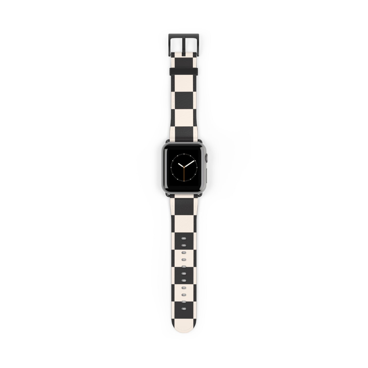 Apple Watch band in black and ivory chequered faux-leather, classic accessory for men and women, stainless steel buckle