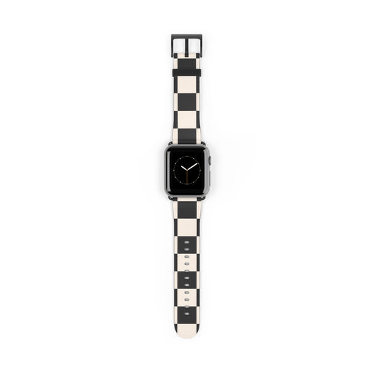 Apple Watch band in black and ivory chequered faux-leather, classic accessory for men and women, stainless steel buckle