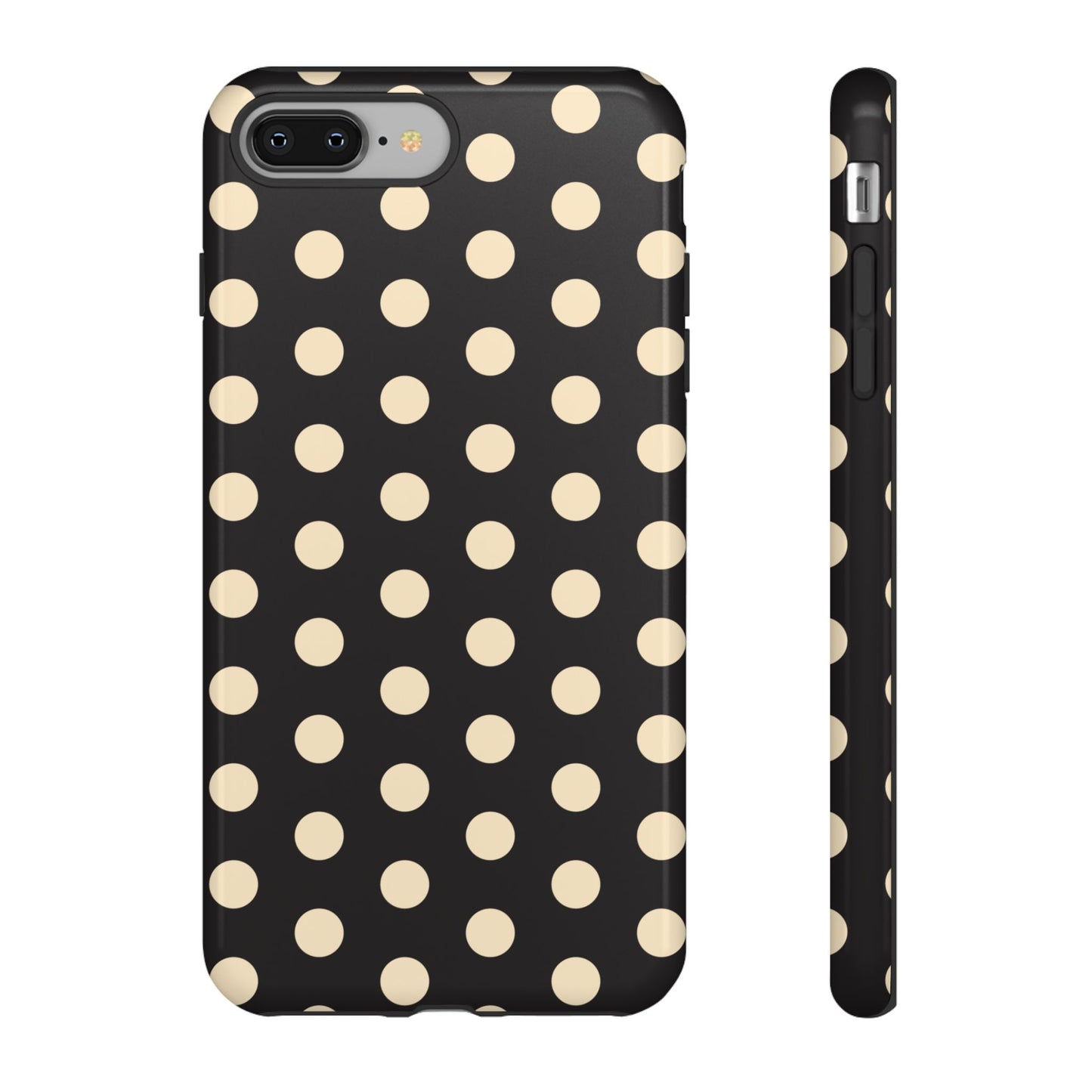 Polka Dot Tough Phone Case — Black with Cream Dots, Protective Slim Phone Cover