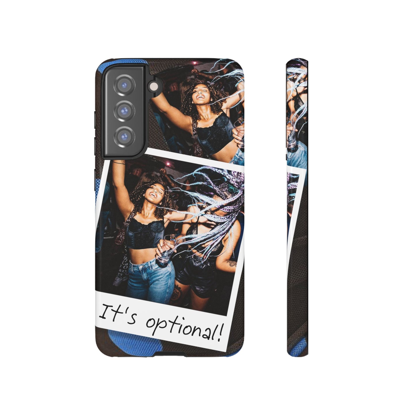 Two Image Personalised Polaroid Photo on Blue Polka Dot Protective Tough Case for Apple iPhone, Samsung Galaxy and Google Pixel.
