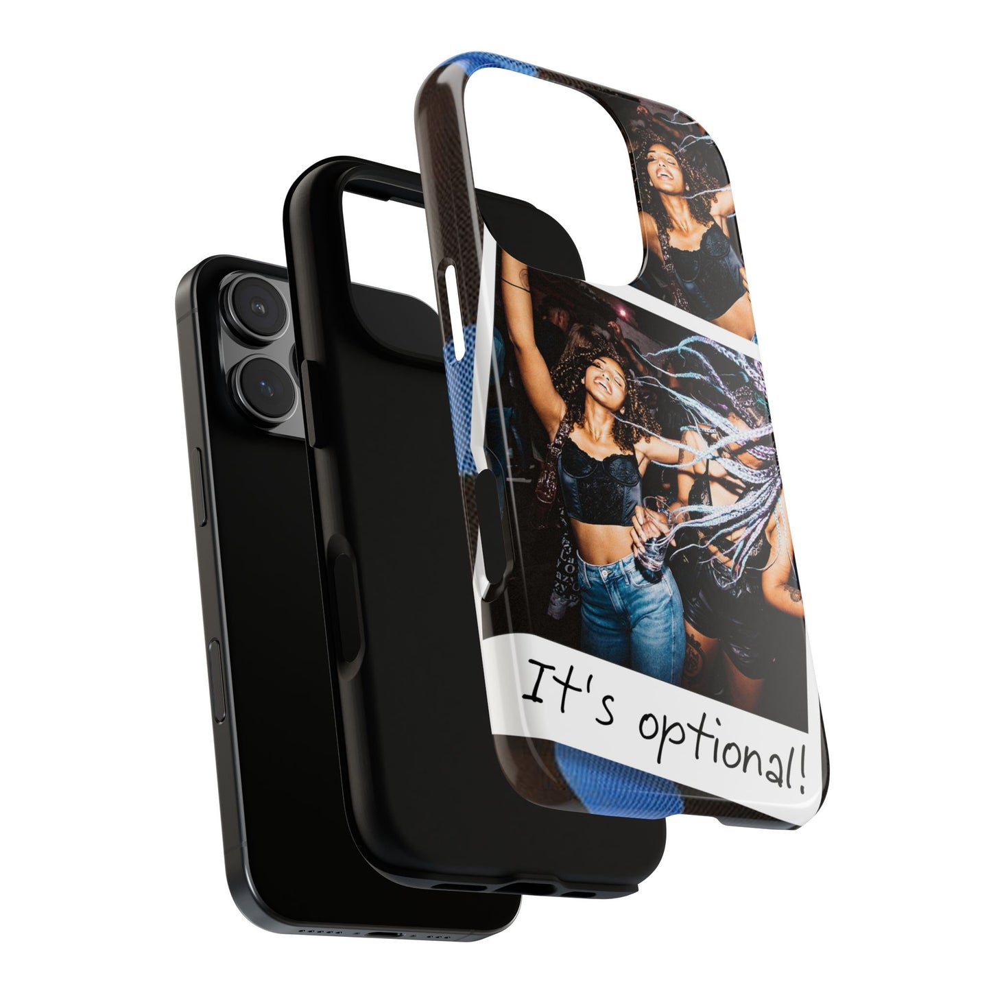 Two Image Personalised Polaroid Photo on Blue Polka Dot Protective Tough Case for Apple iPhone, Samsung Galaxy and Google Pixel.