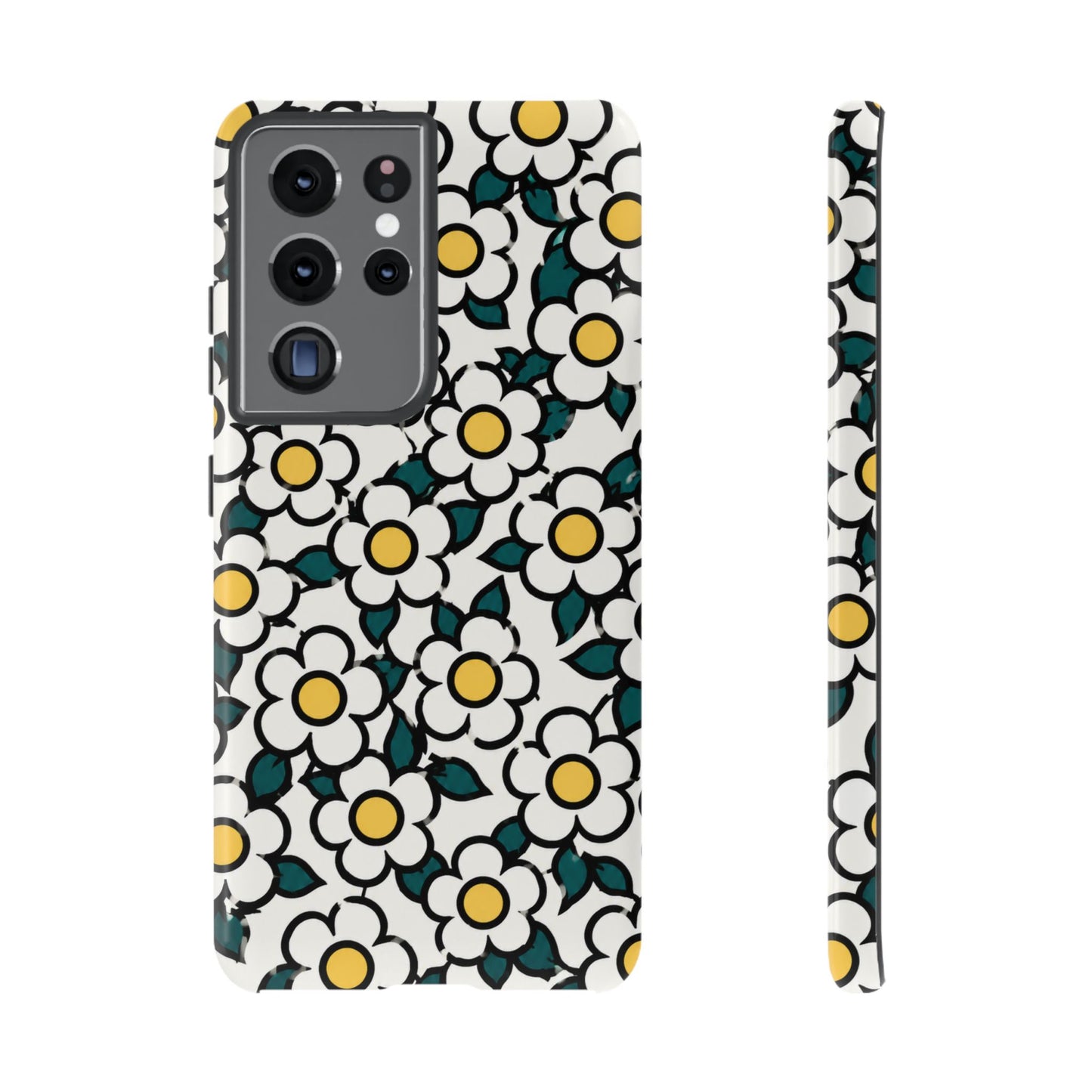 Floral Daisy Tough Phone Case — Retro White & Yellow Protective Cover