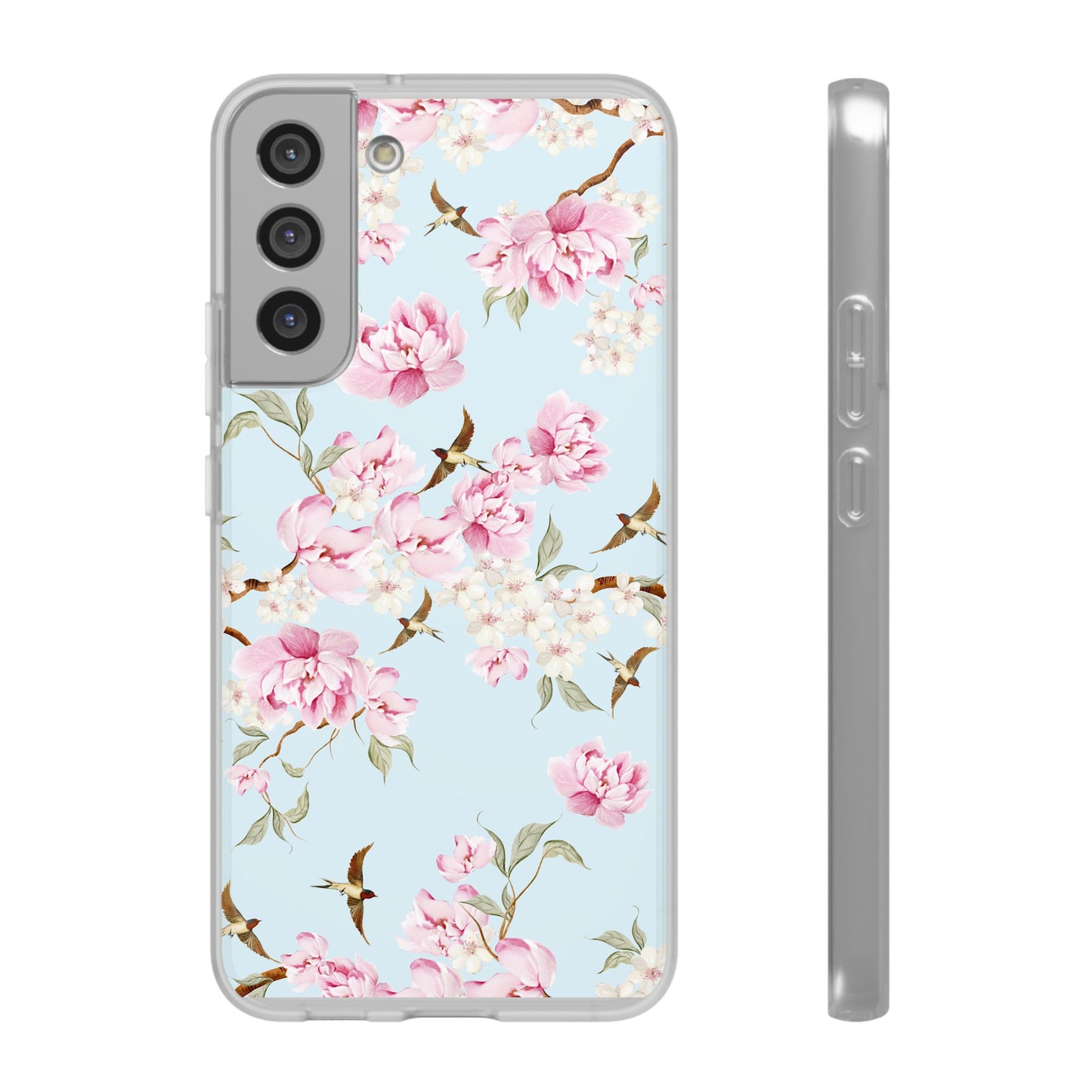 Floral Cherry Blossom Flexi Phone Case - Pink Blossoms on Sky Blue Flexible Case for Apple iPhone, Samsung Galaxy.