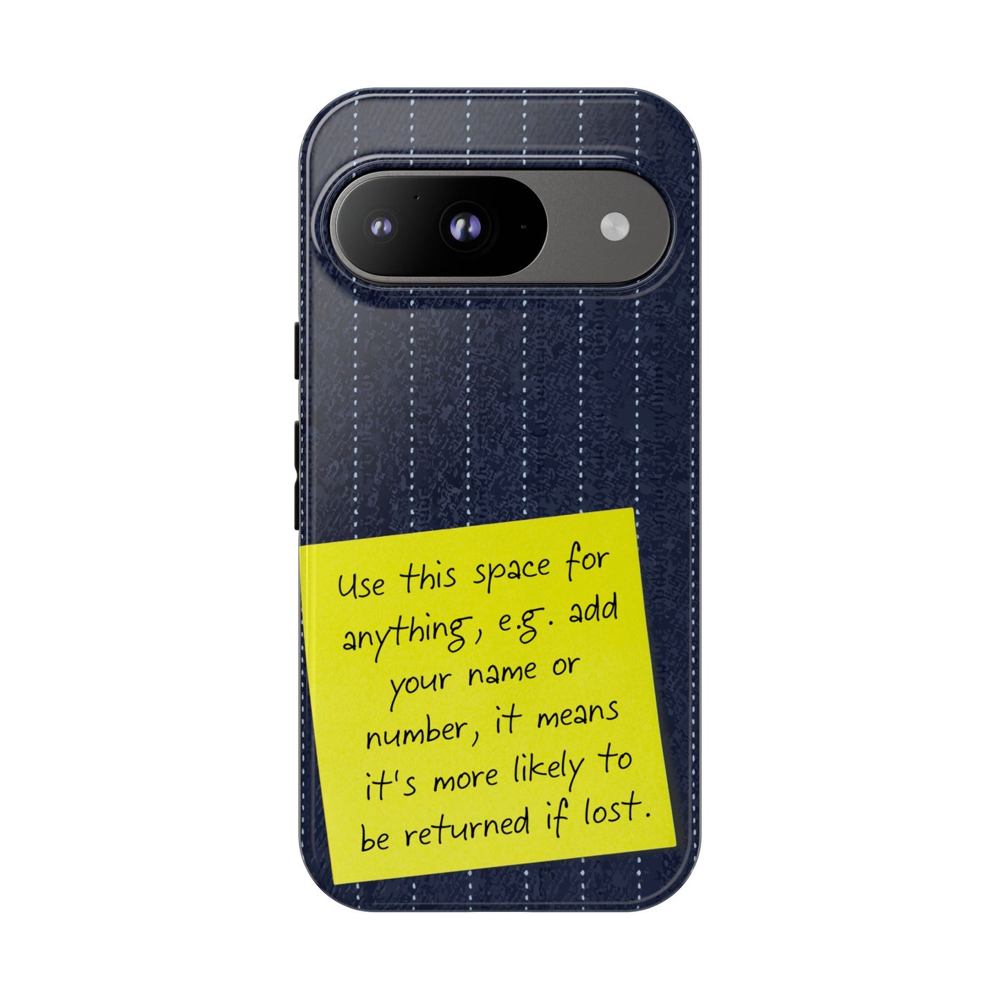 Navy Pinstripe Design with Yellow Sticky Note Personalised Tough Phone Case for Apple iPhone, Samsung Galaxy and Google Pixel.