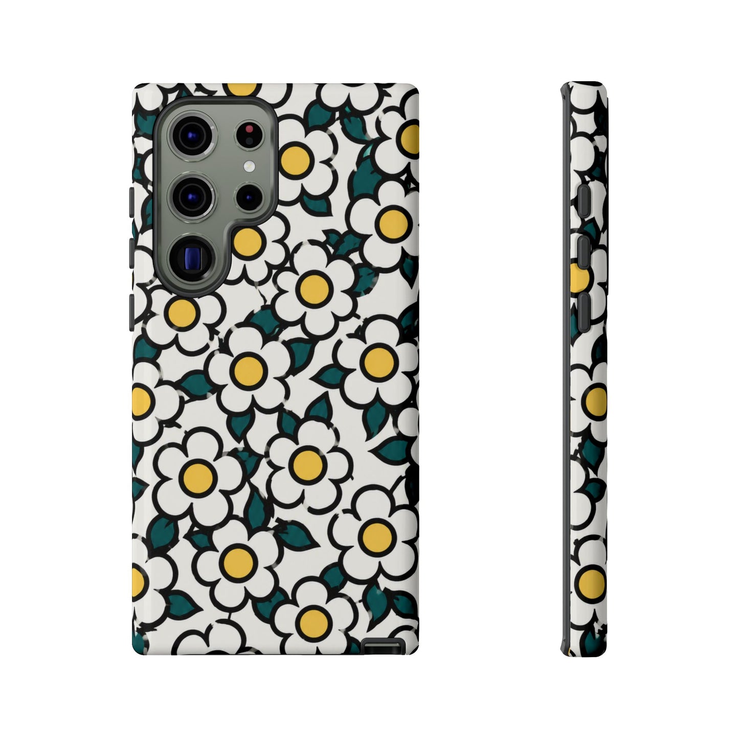 Floral Daisy Tough Phone Case — Retro White & Yellow Protective Cover