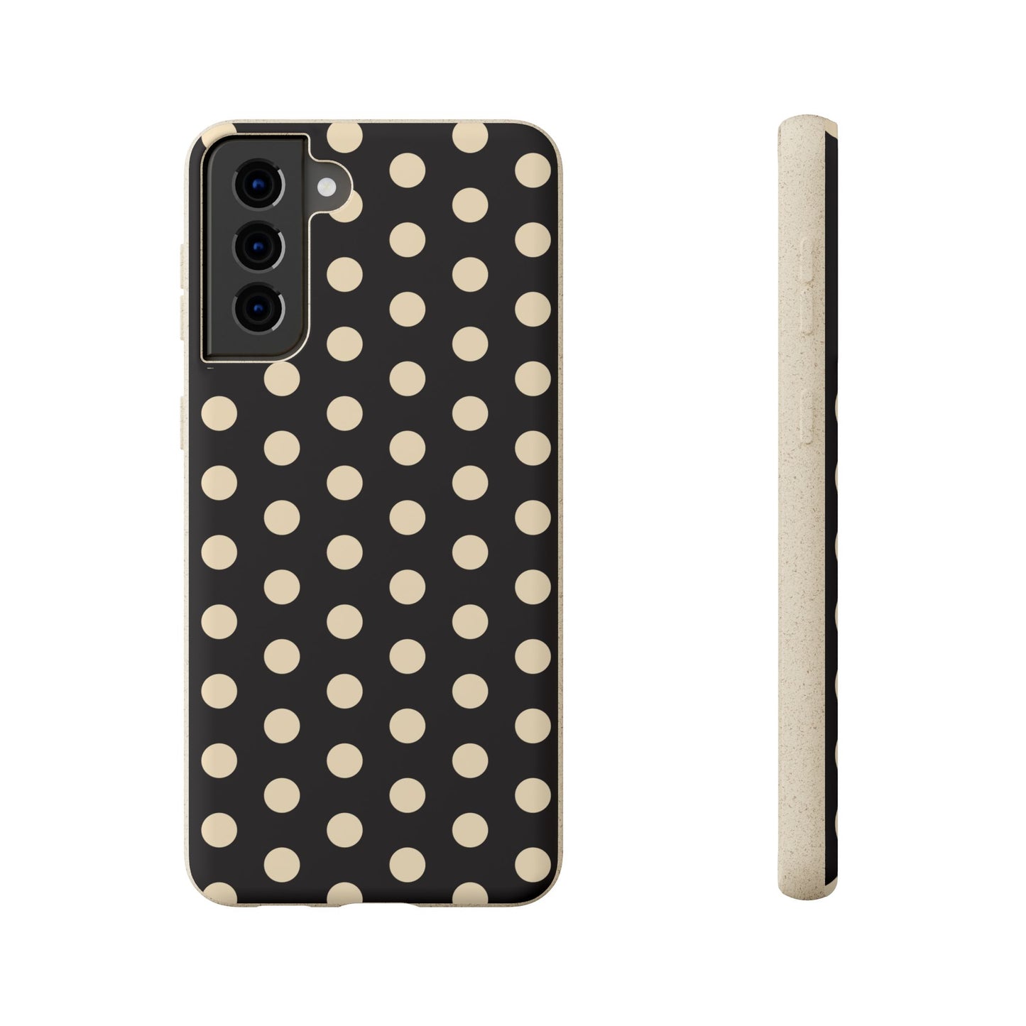 Eco-Friendly Black & Cream Polka Dot Pattern Biodegradable Phone Case for Apple iPhone and Samsung Galaxy.