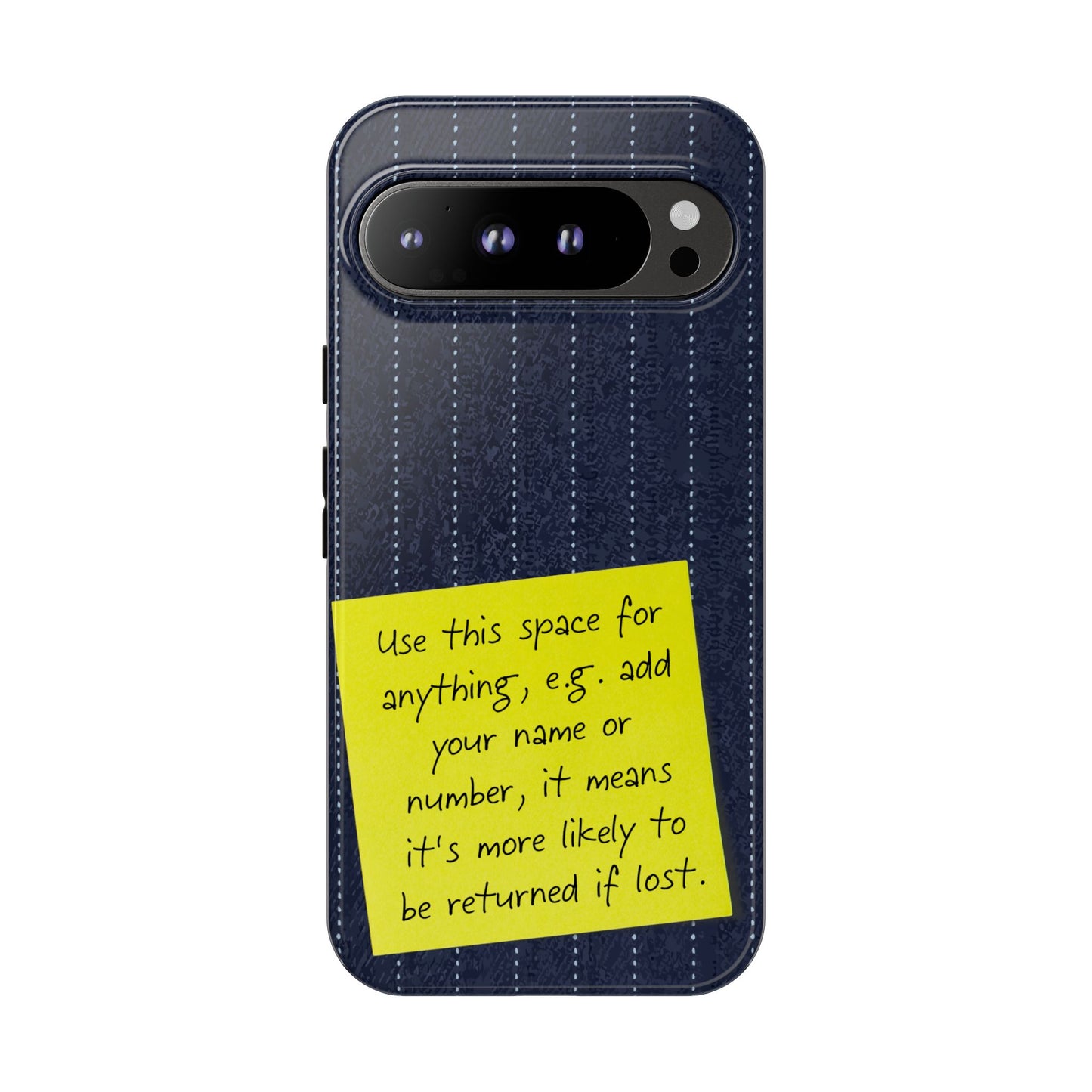 Navy Pinstripe Design with Yellow Sticky Note Personalised Tough Phone Case for Apple iPhone, Samsung Galaxy and Google Pixel.