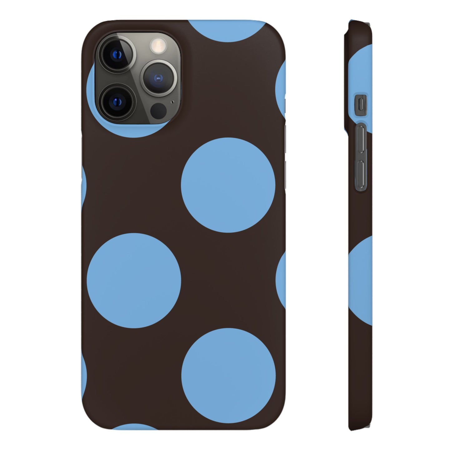 Matte Black with Large Sky Blue Polka Dots Slim Phone Case for Apple iPhone, Samsung Galaxy and Google Pixel.