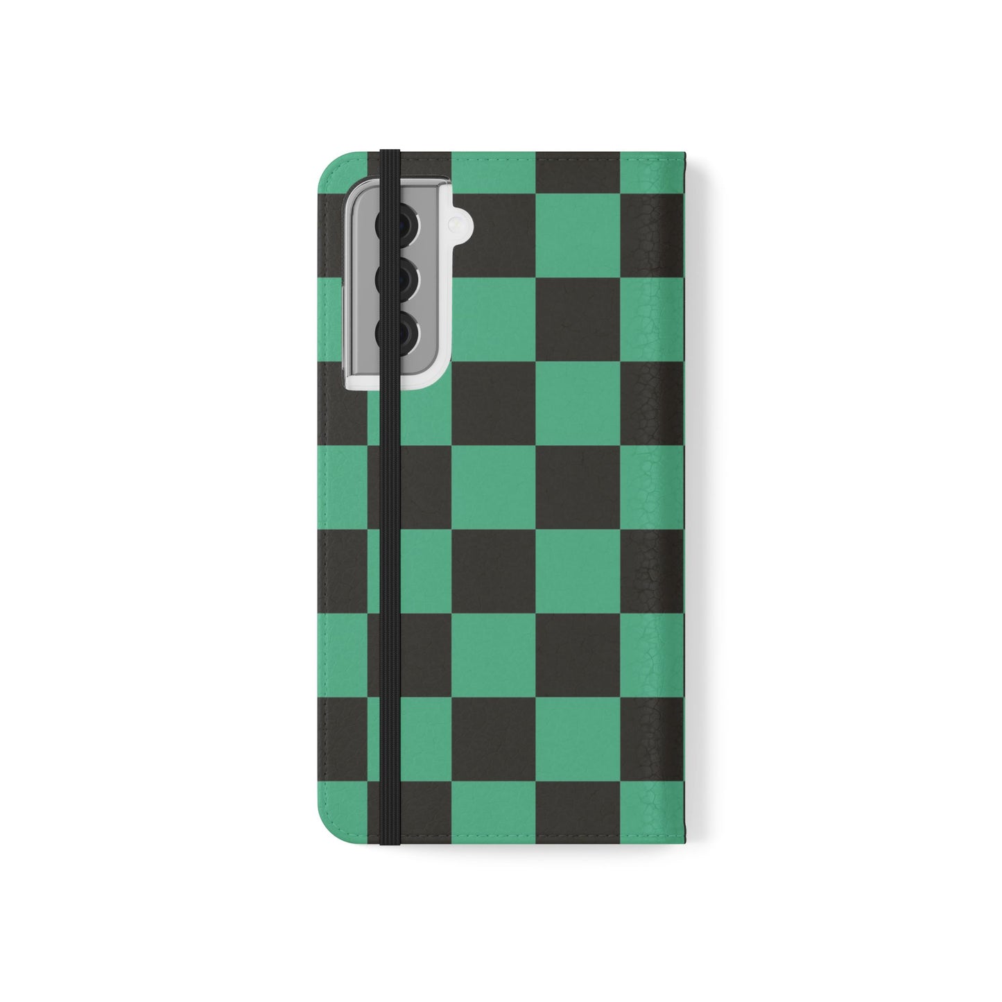 Tanjiro Chequered Flip Phone Case — Black and Green Chequered Wallet Cover