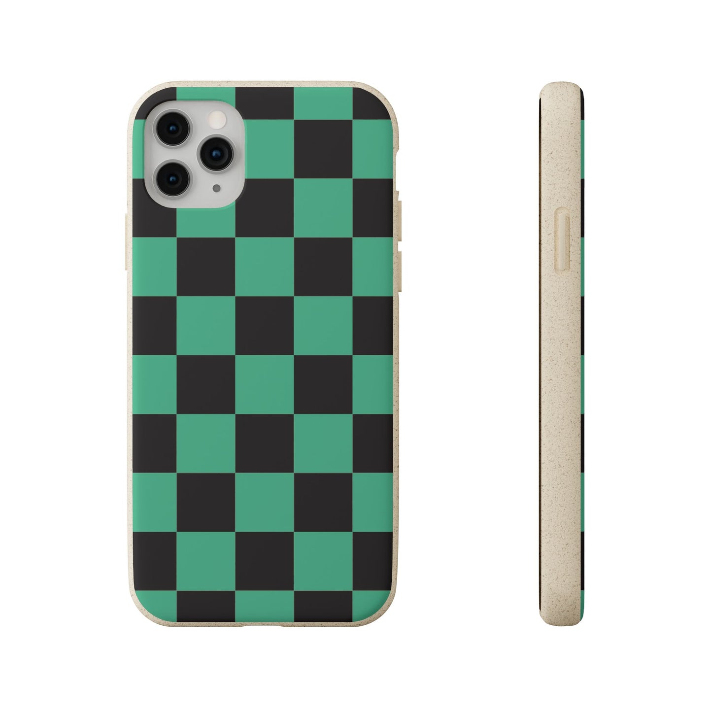 Biodegradable Checkerboard Phone Case — Green & Black Tanjiro Eco Smartphone Cover for Apple iPhone and Samsung Galaxy.
