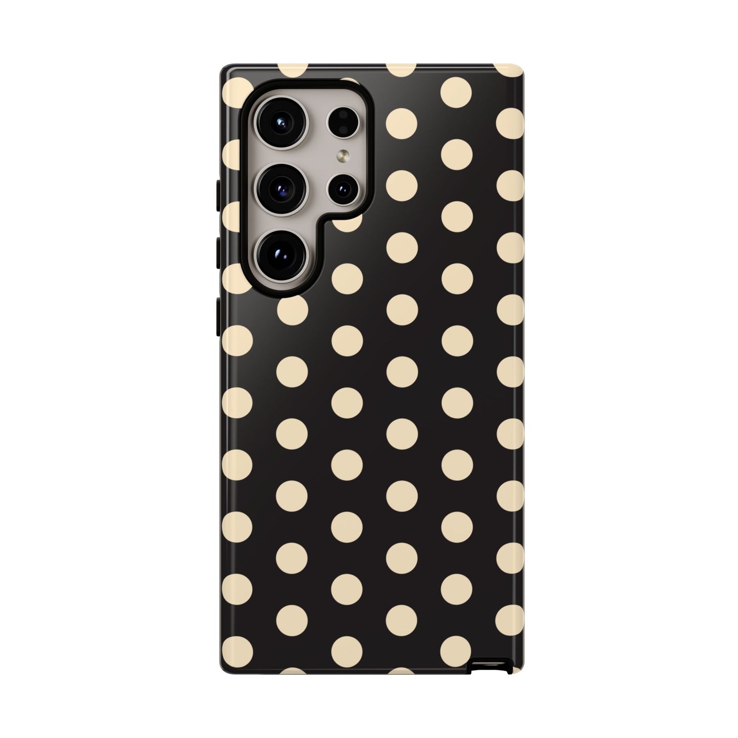 Polka Dot Tough Phone Case — Black with Cream Dots, Protective Slim Phone Cover