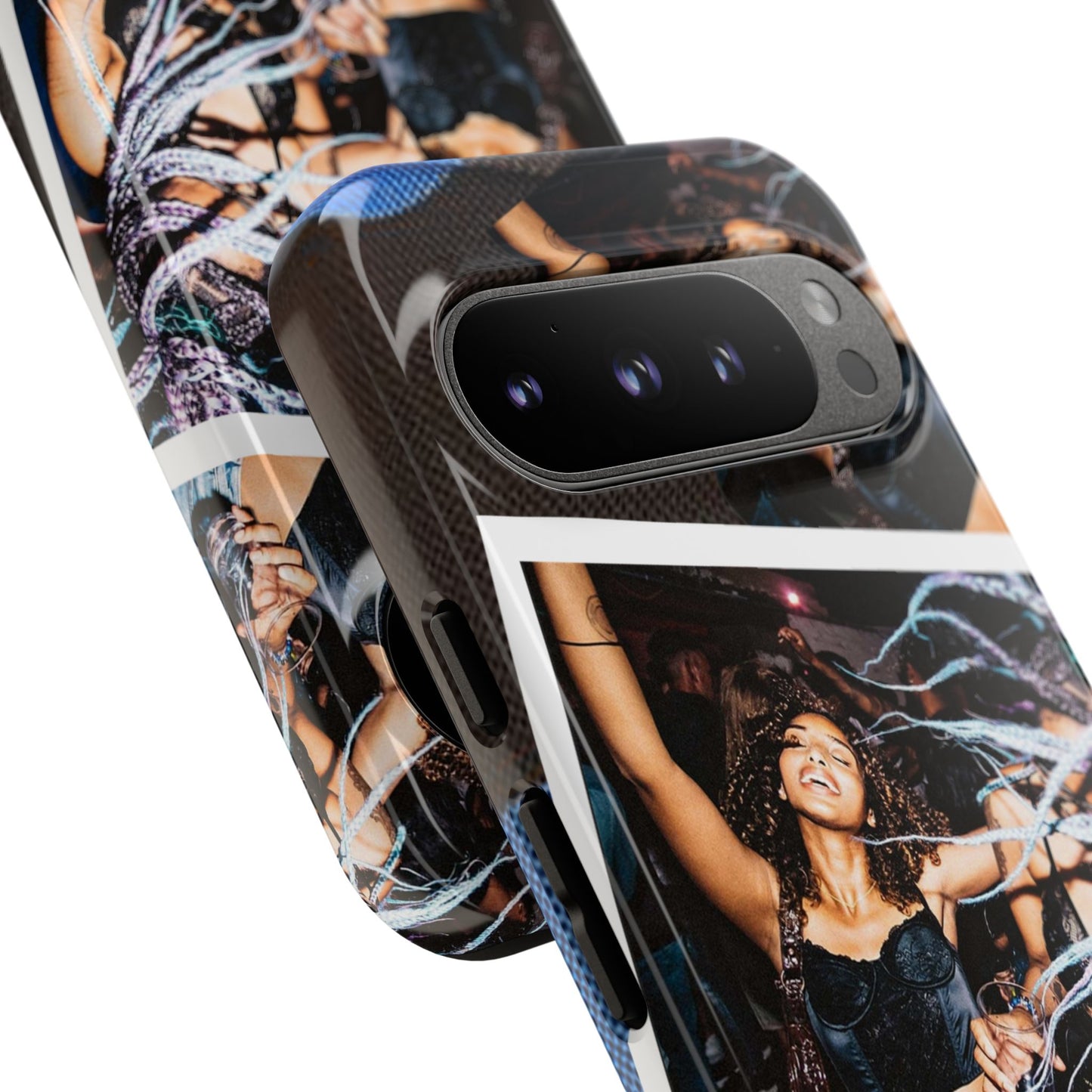 Two Image Personalised Polaroid Photo on Blue Polka Dot Protective Tough Case for Apple iPhone, Samsung Galaxy and Google Pixel.