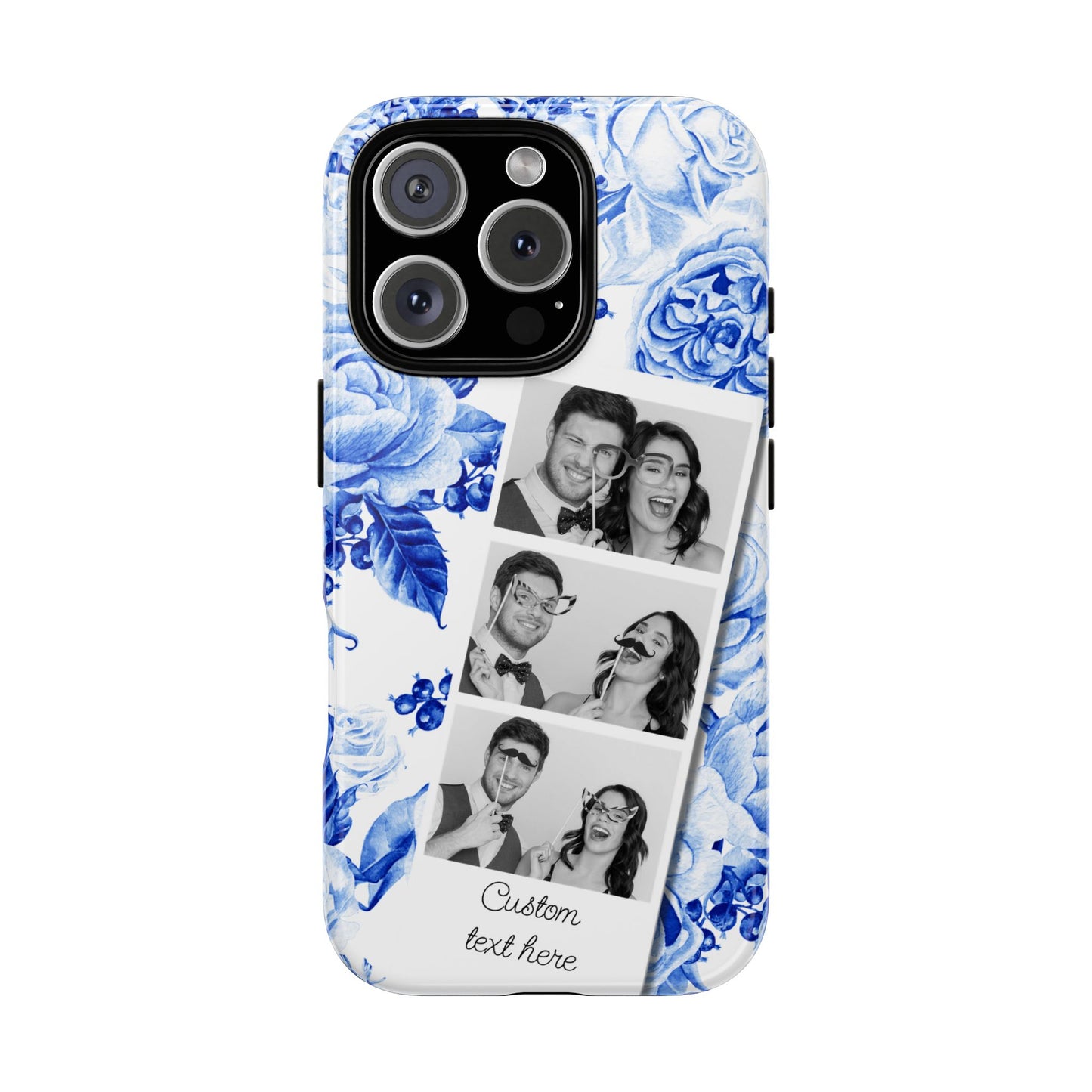 Three Photo Personalised Blue Floral Image Strip Custom Phone Case