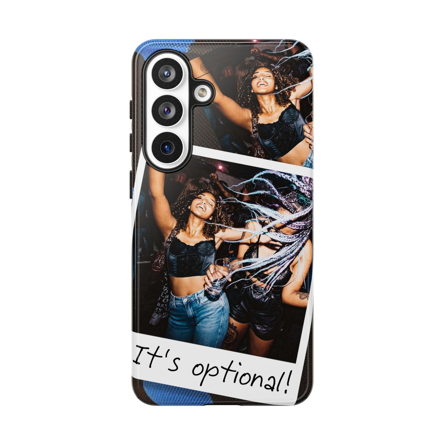 Two Image Personalised Polaroid Photo on Blue Polka Dot Protective Tough Case for Apple iPhone, Samsung Galaxy and Google Pixel.