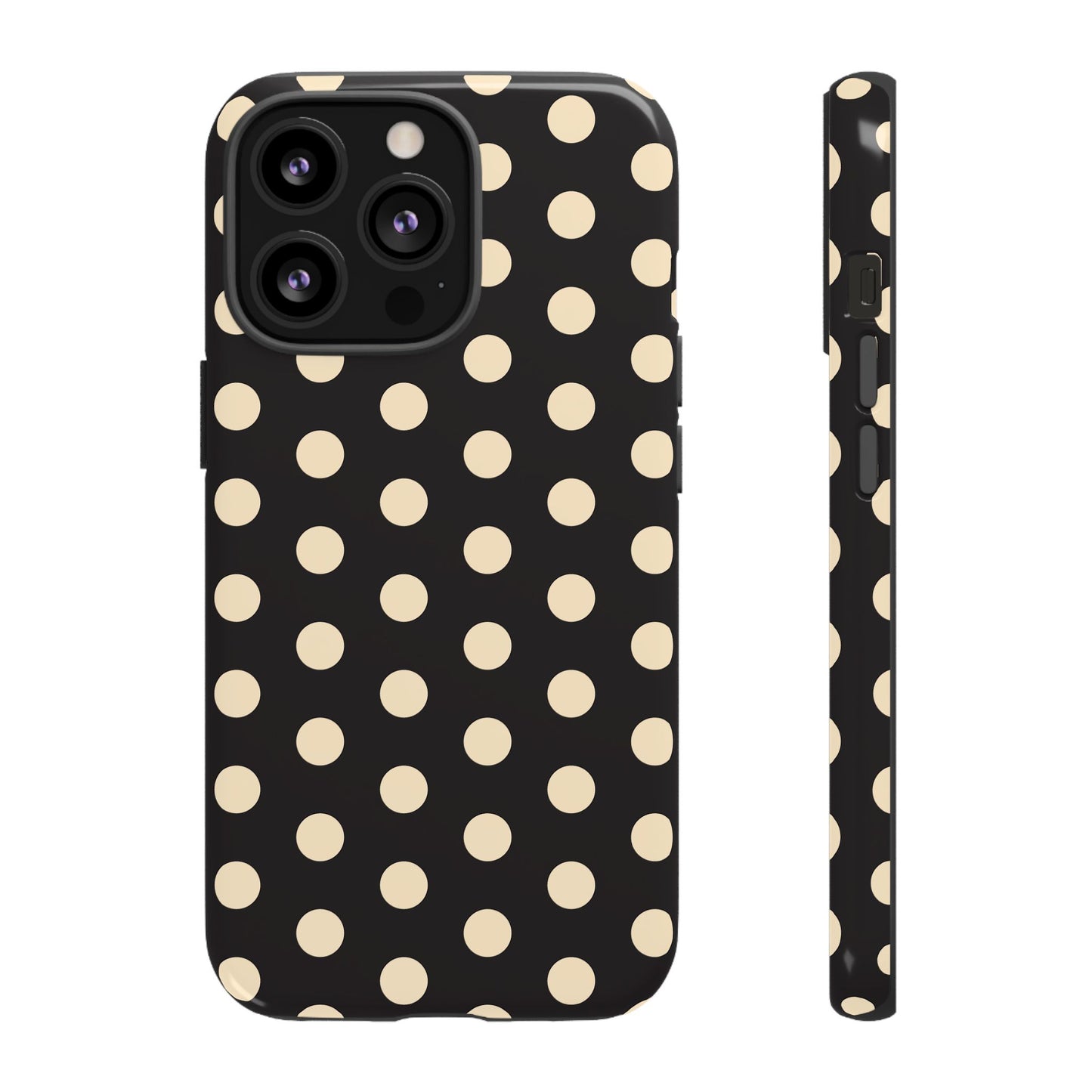 Polka Dot Tough Phone Case — Black with Cream Dots, Protective Slim Phone Cover