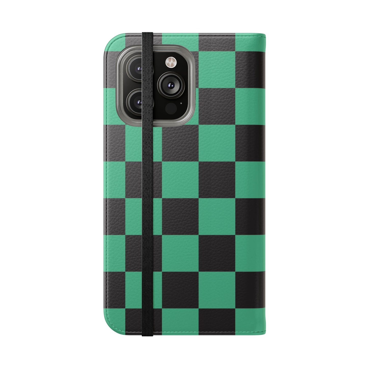 Tanjiro Chequered Flip Phone Case — Black and Green Chequered Wallet Cover