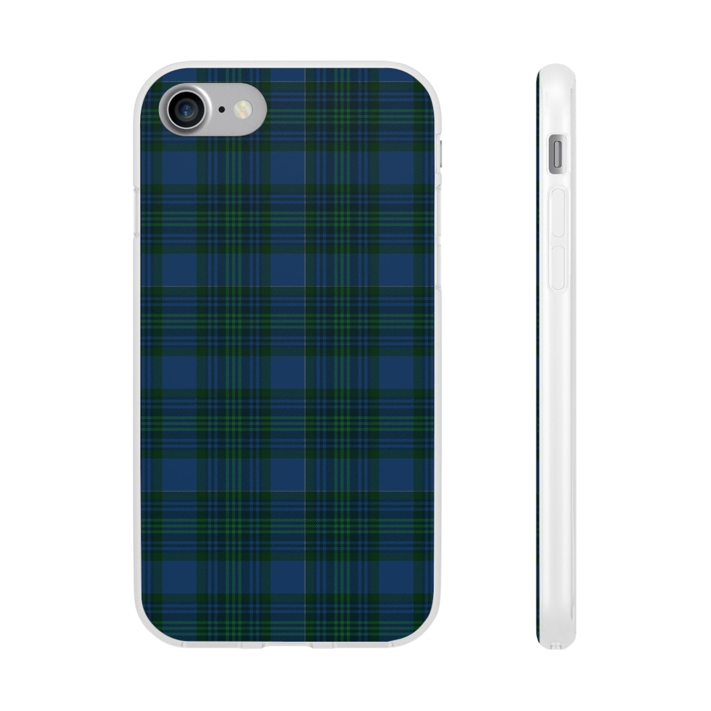 Navy green tartan phone case with flexible plaid design, slim shock-absorbing TPU, semi-transparent matte finish