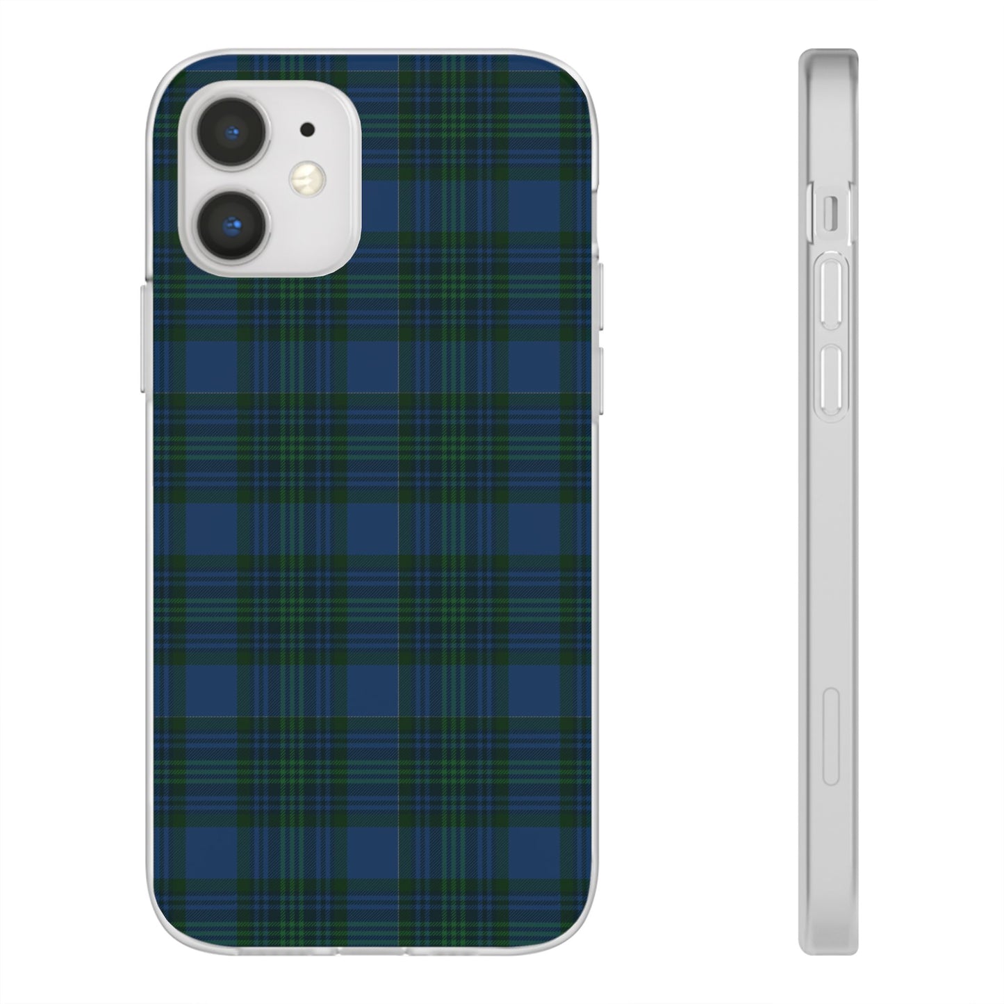 Navy green tartan phone case with flexible plaid design, slim shock-absorbing TPU, semi-transparent matte finish