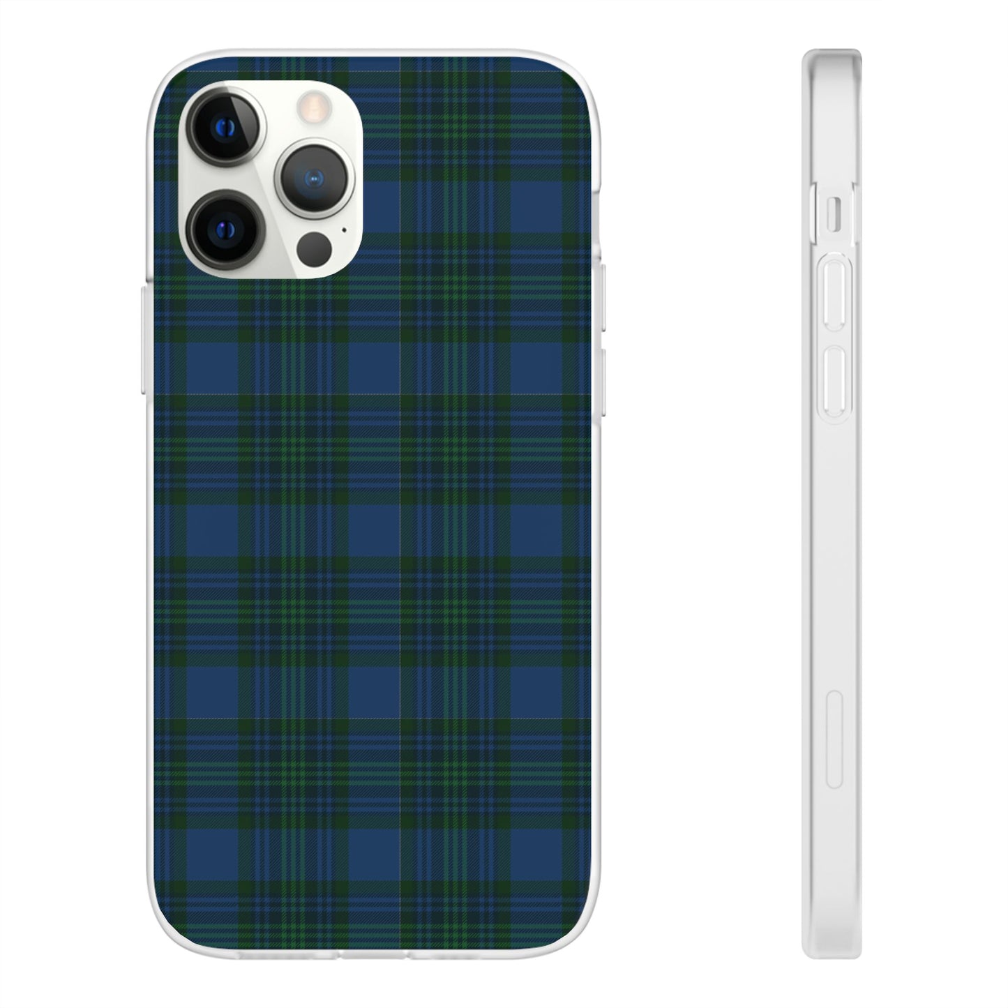 Navy green tartan phone case with flexible plaid design, slim shock-absorbing TPU, semi-transparent matte finish