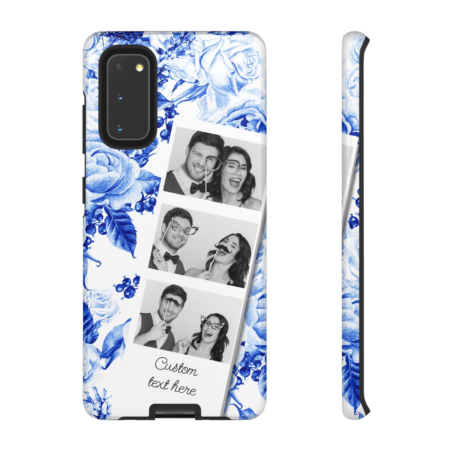 Three Photo Personalised Blue Floral Image Strip Custom Phone Case