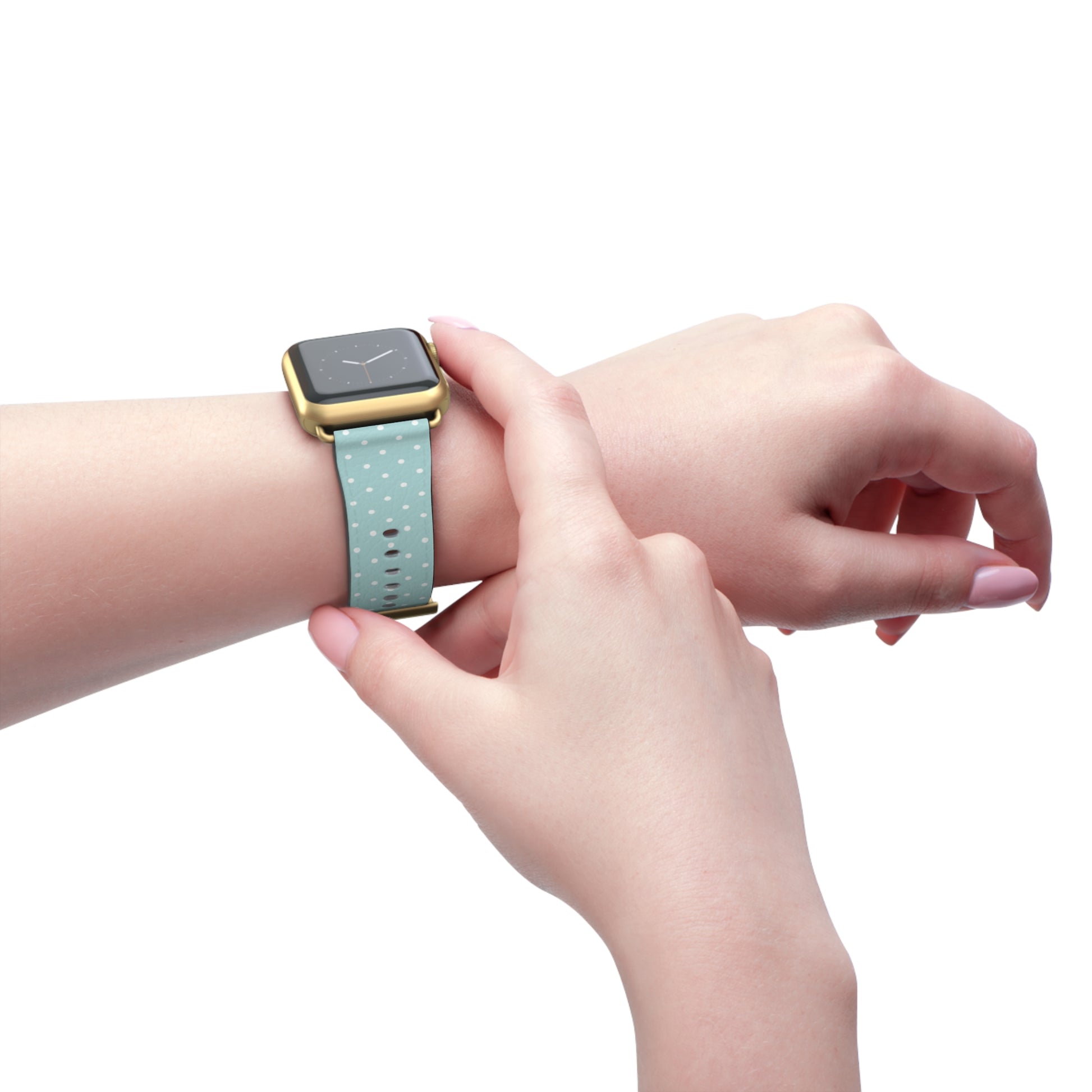 apple watch band in mint green with white polka dots, cute pastel everyday watch strap for women