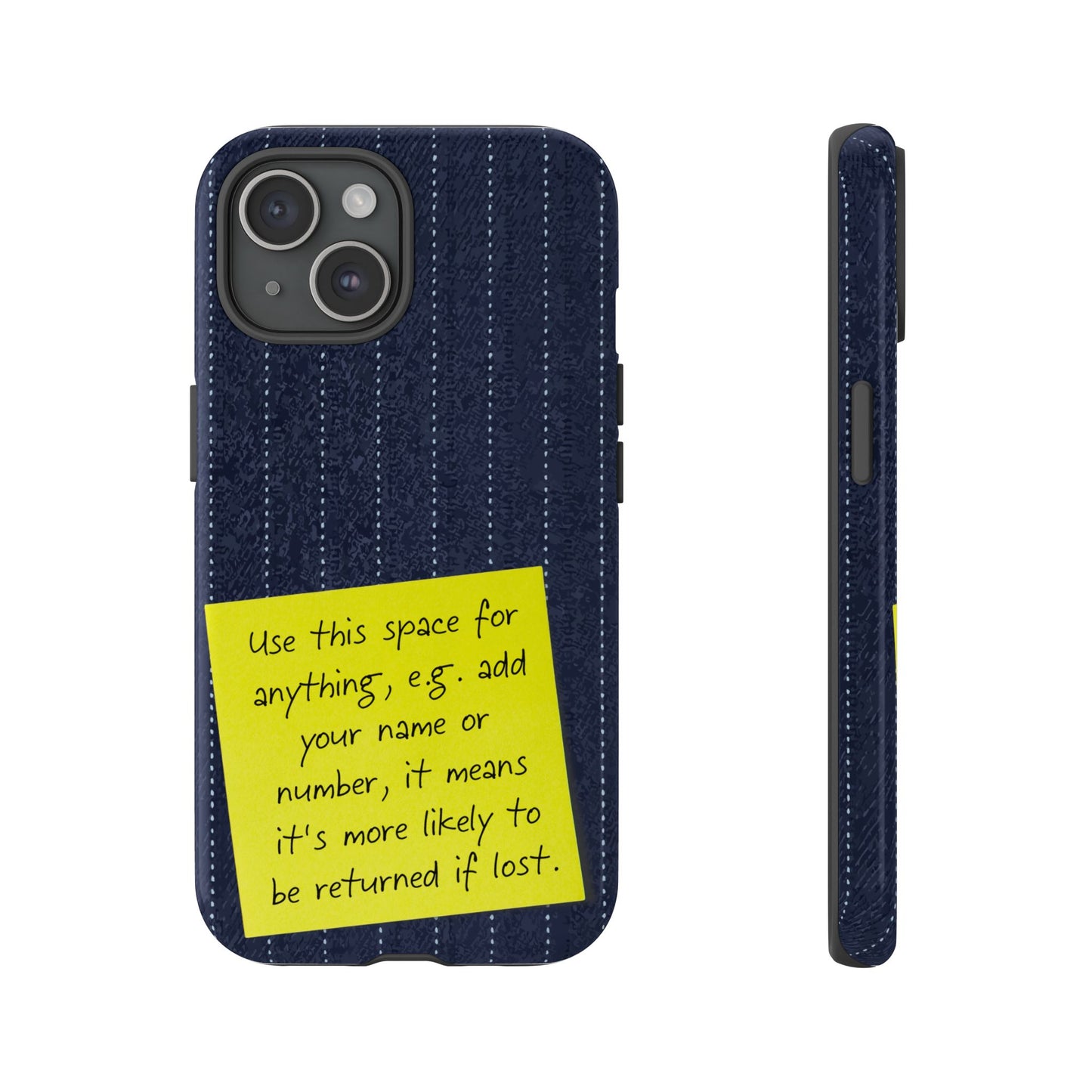 Navy Pinstripe Design with Yellow Sticky Note Personalised Tough Phone Case for Apple iPhone, Samsung Galaxy and Google Pixel.