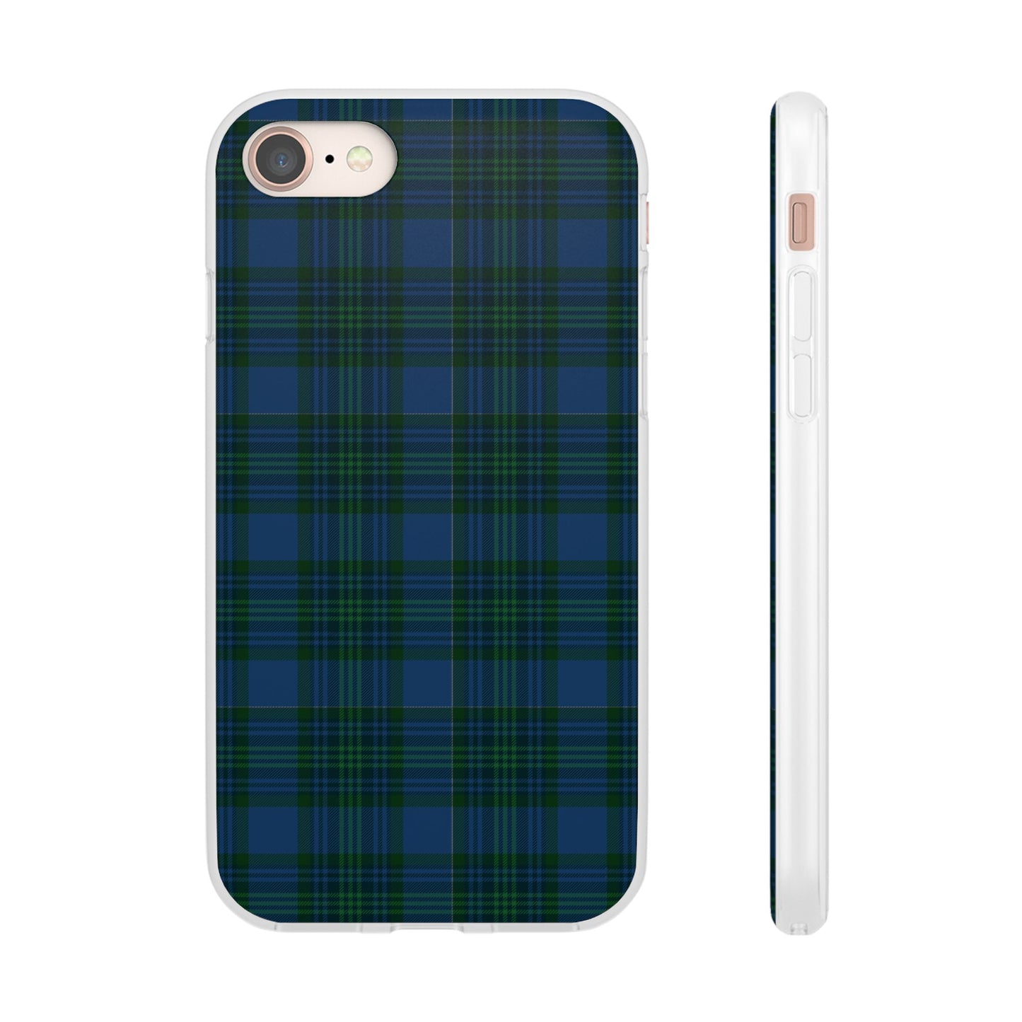 Navy green tartan phone case with flexible plaid design, slim shock-absorbing TPU, semi-transparent matte finish