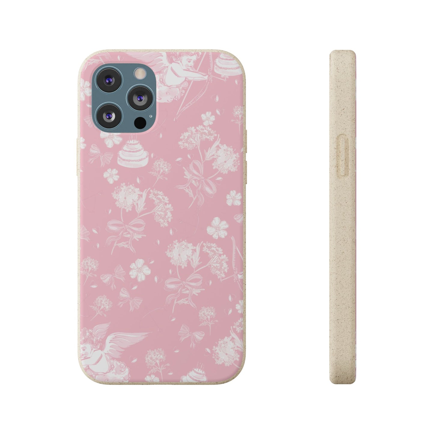 Pink Floral Cherub Biodegradable Phone Case for Apple iPhone and Samsung Galaxy.