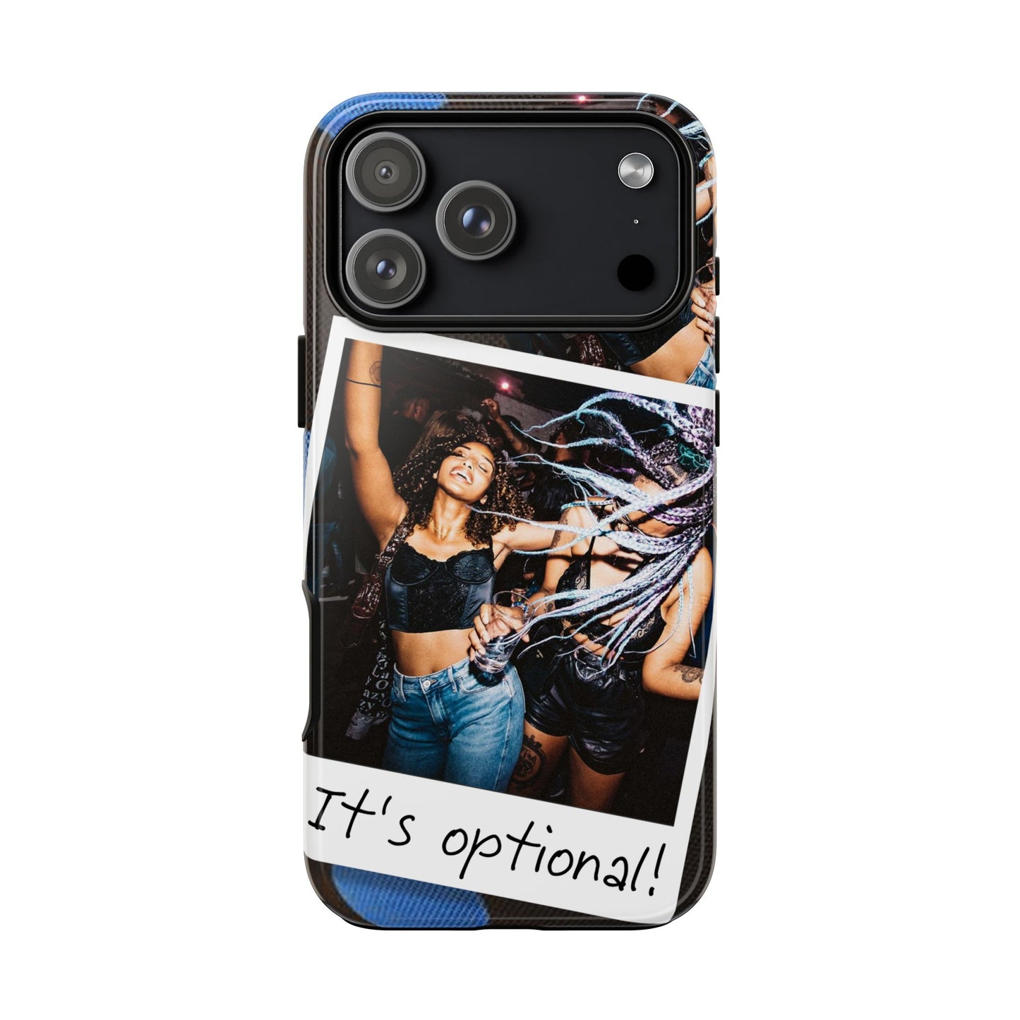 Two Image Personalised Polaroid Photo on Blue Polka Dot Protective Tough Case for Apple iPhone, Samsung Galaxy and Google Pixel.