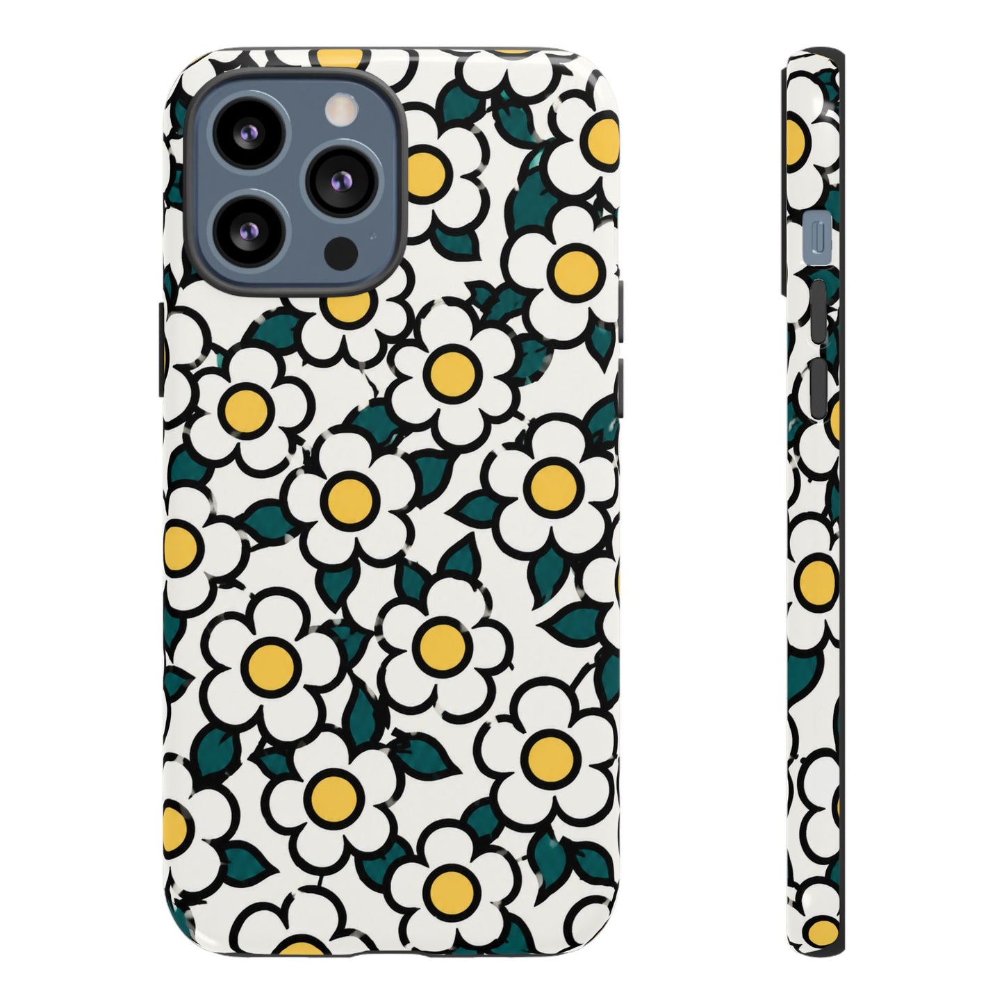 Floral Daisy Tough Phone Case — Retro White & Yellow Protective Cover