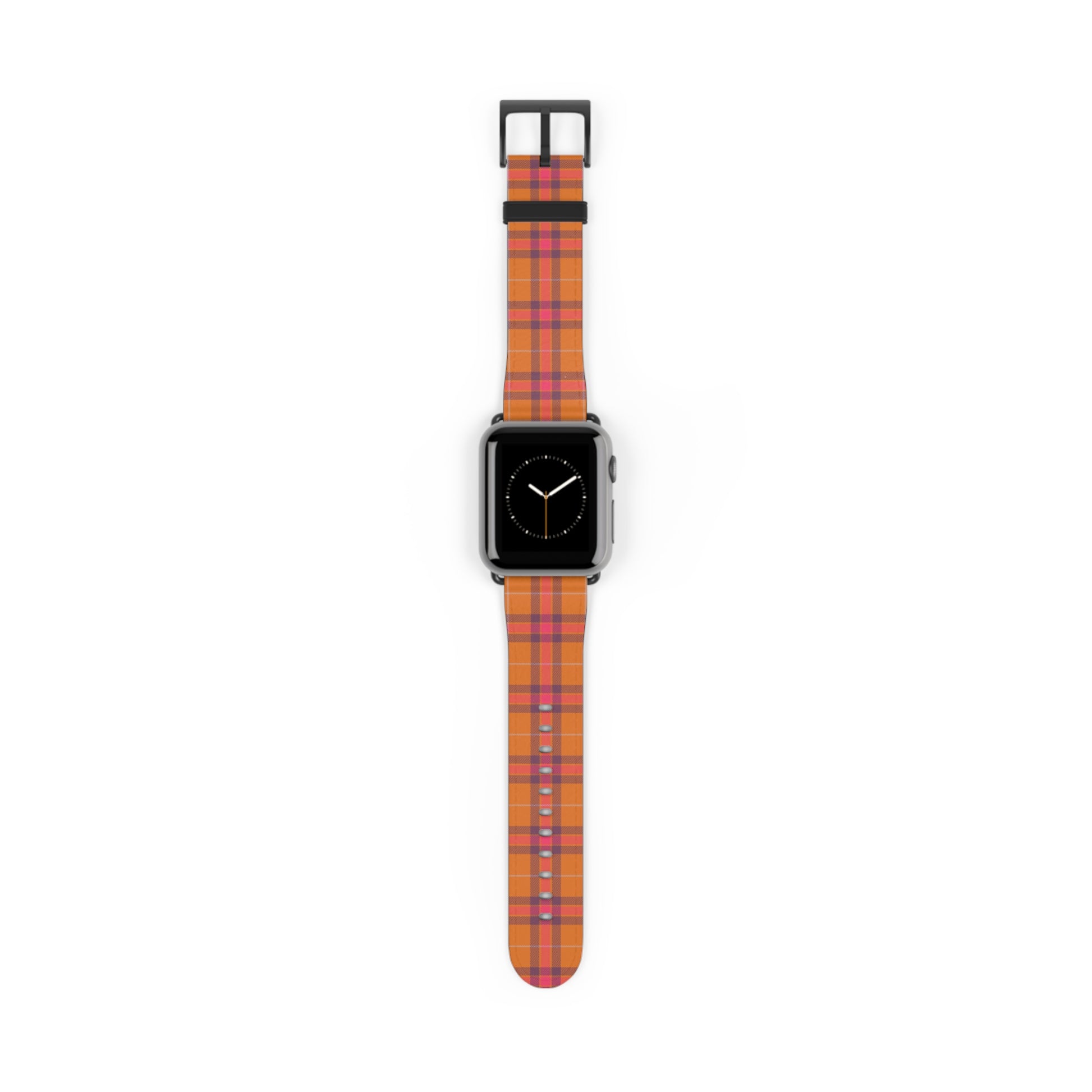 Orange plaid watch band for Apple Watch, autumn tartan strap, cozy accessory with stainless steel buckle, fall style