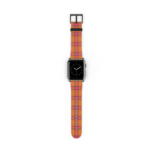 Orange plaid watch band for Apple Watch, autumn tartan strap, cozy accessory with stainless steel buckle, fall style