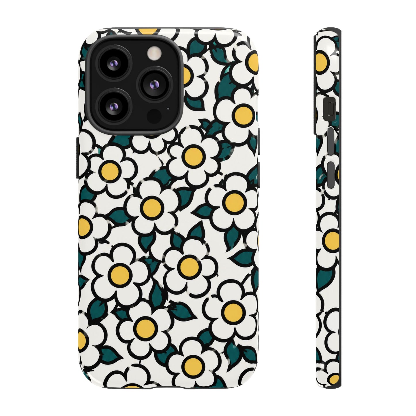 Floral Daisy Tough Phone Case — Retro White & Yellow Protective Cover