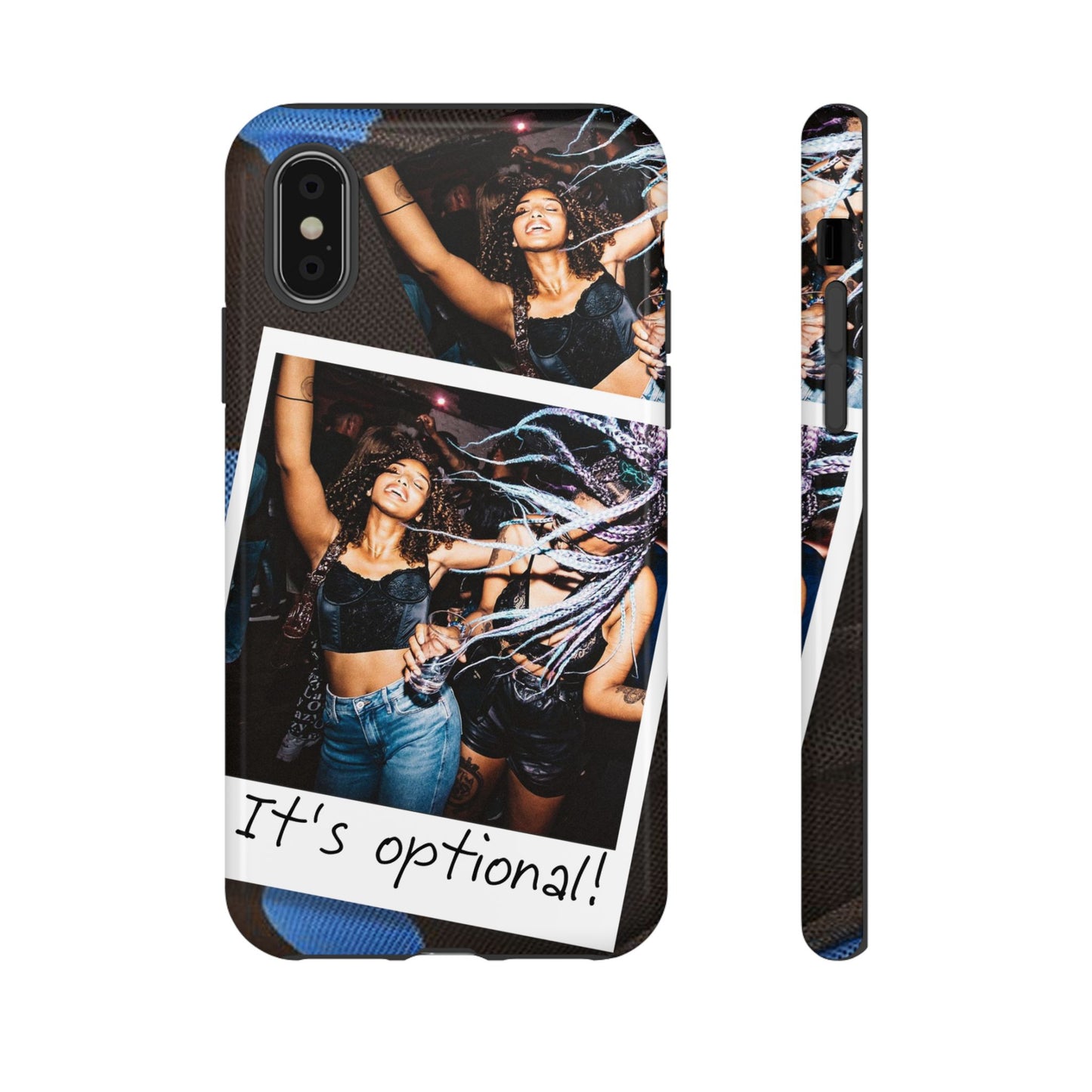 Two Image Personalised Polaroid Photo on Blue Polka Dot Protective Tough Case for Apple iPhone, Samsung Galaxy and Google Pixel.