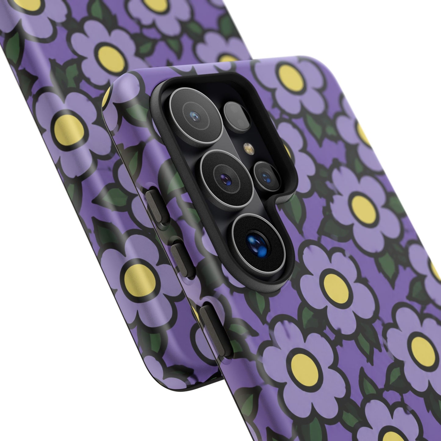 Purple Floral Tough Phone Case — Durable Protective Phone Cover with Cute Daisy Pattern