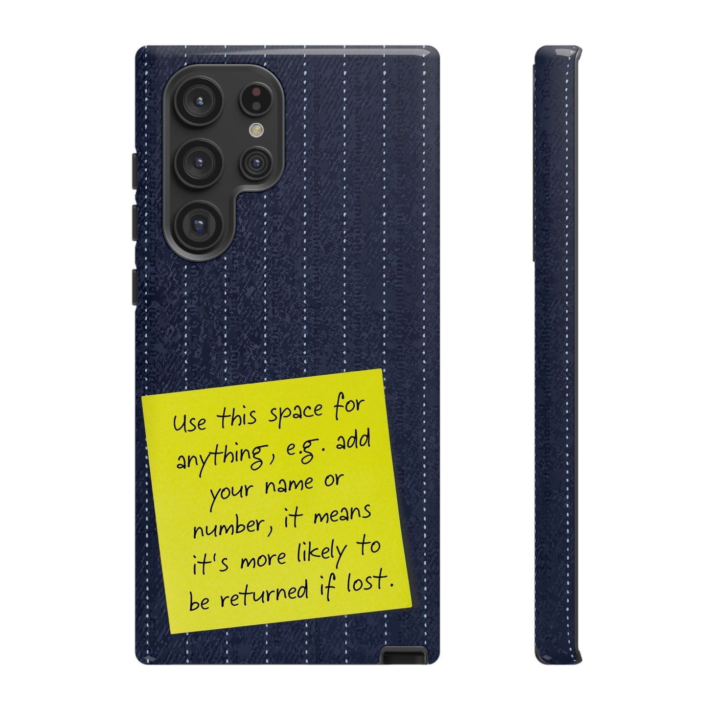 Navy Pinstripe Design with Yellow Sticky Note Personalised Tough Phone Case for Apple iPhone, Samsung Galaxy and Google Pixel.