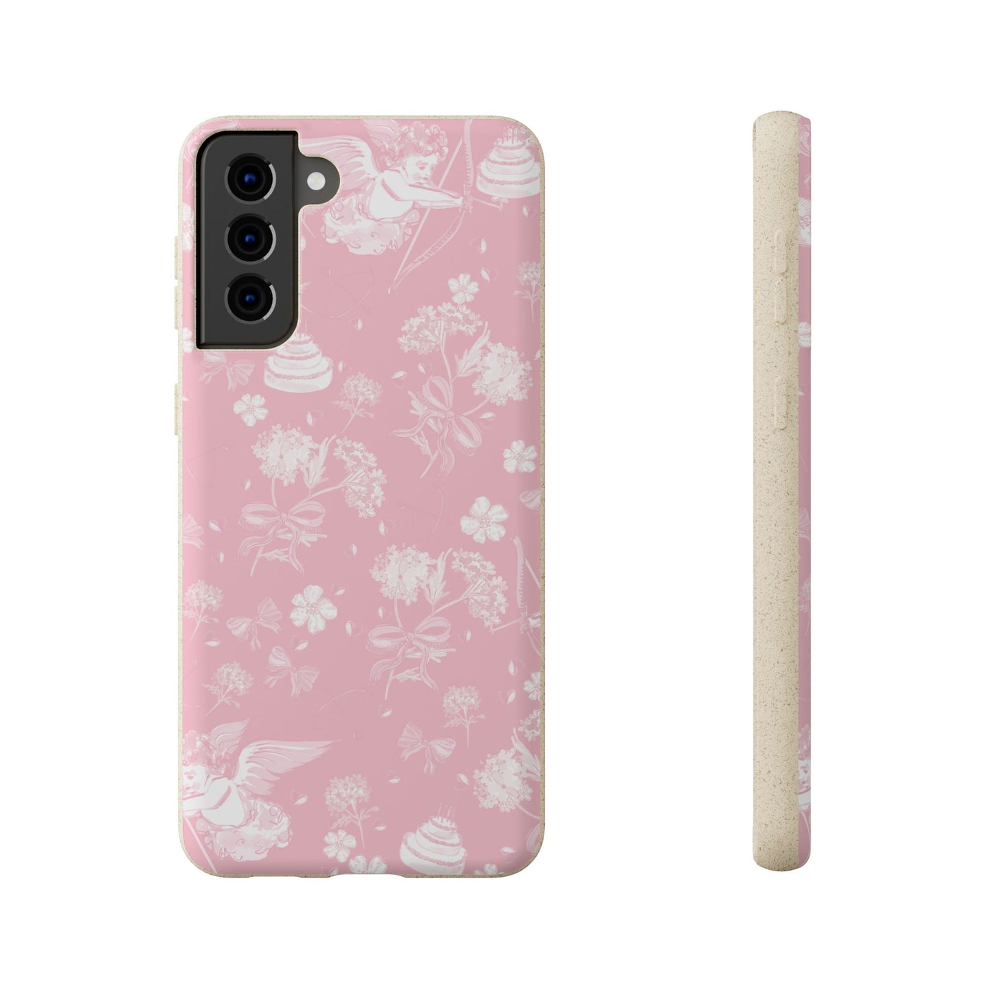 Pink Floral Cherub Biodegradable Phone Case for Apple iPhone and Samsung Galaxy.