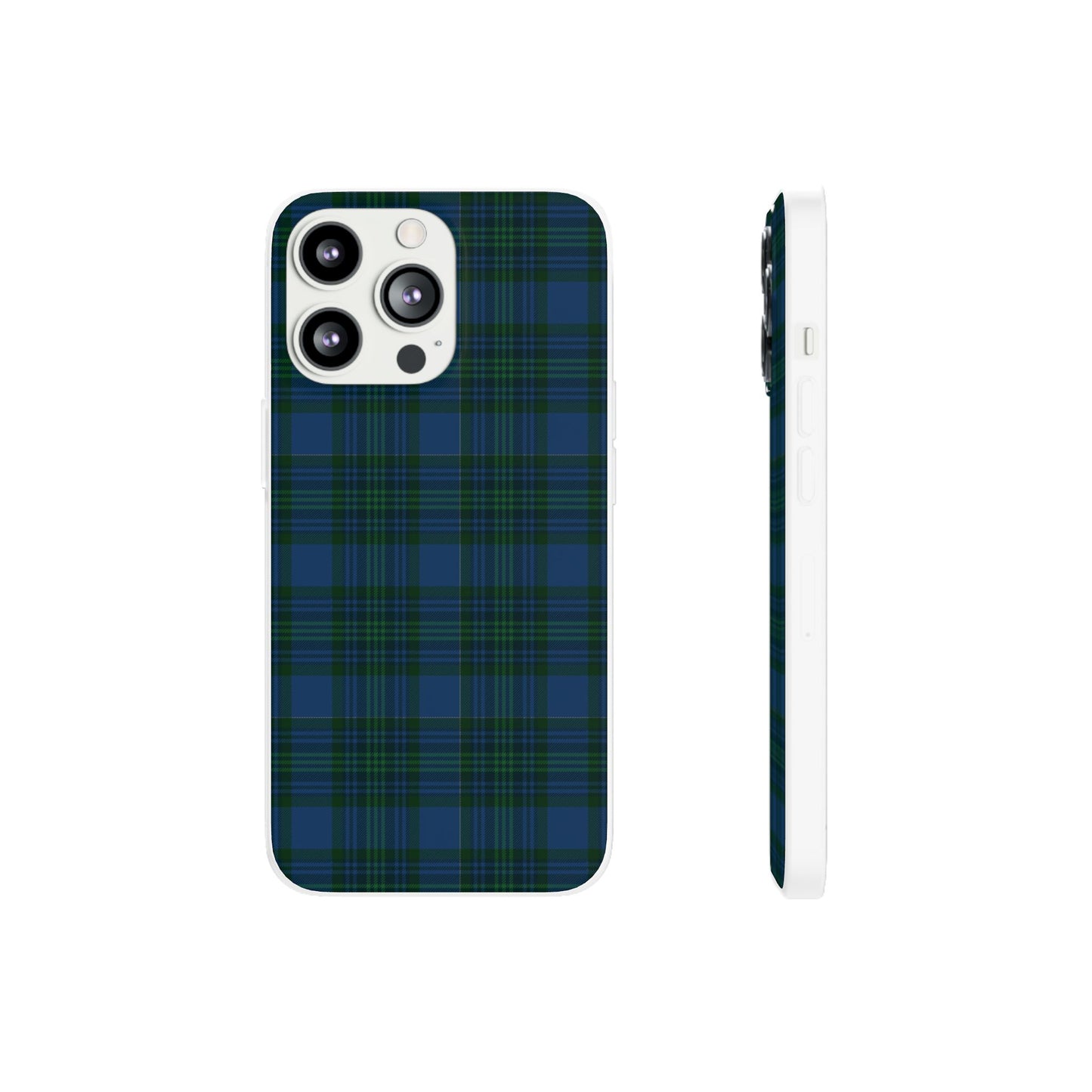 Navy green tartan phone case with flexible plaid design, slim shock-absorbing TPU, semi-transparent matte finish
