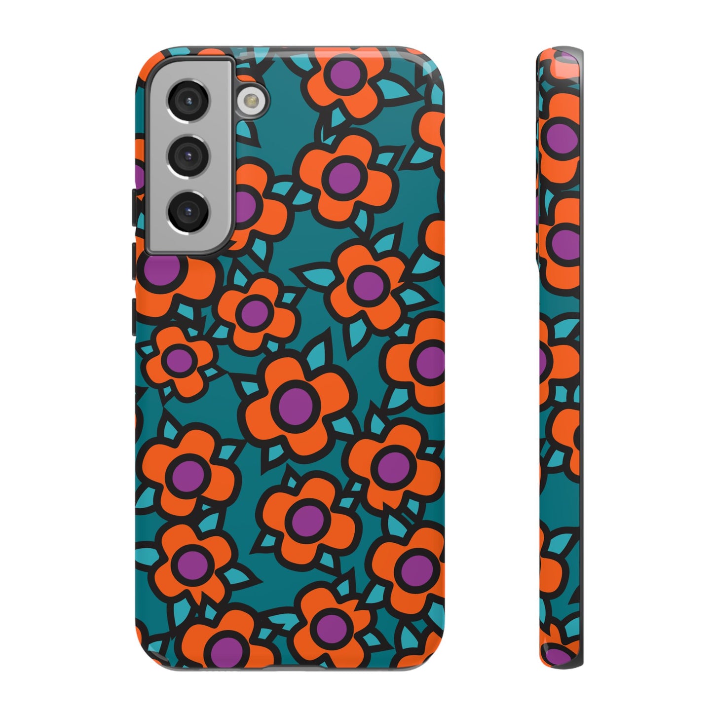 Floral Pop Tough Phone Case — Retro Orange & Teal Flower Pattern