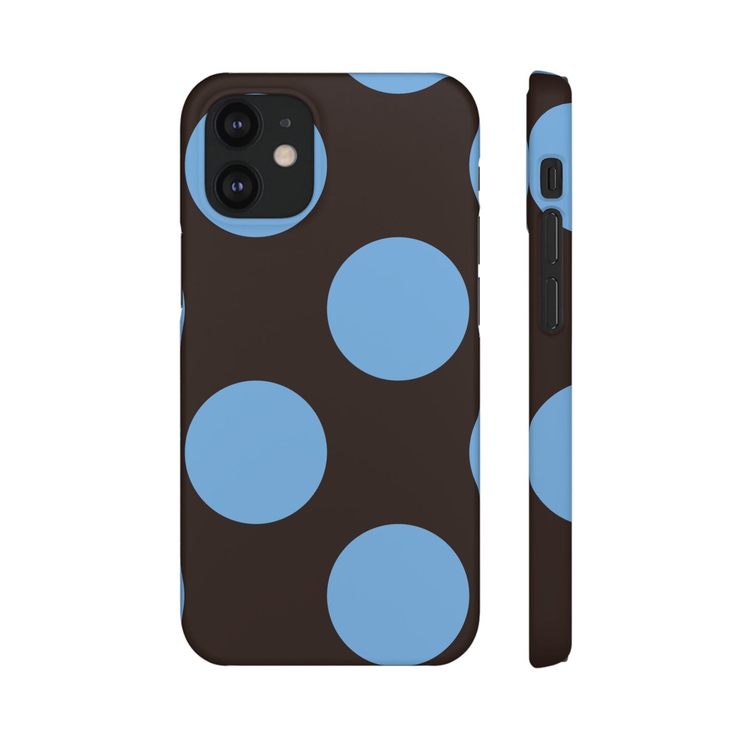Matte Black with Large Sky Blue Polka Dots Slim Phone Case for Apple iPhone, Samsung Galaxy and Google Pixel.