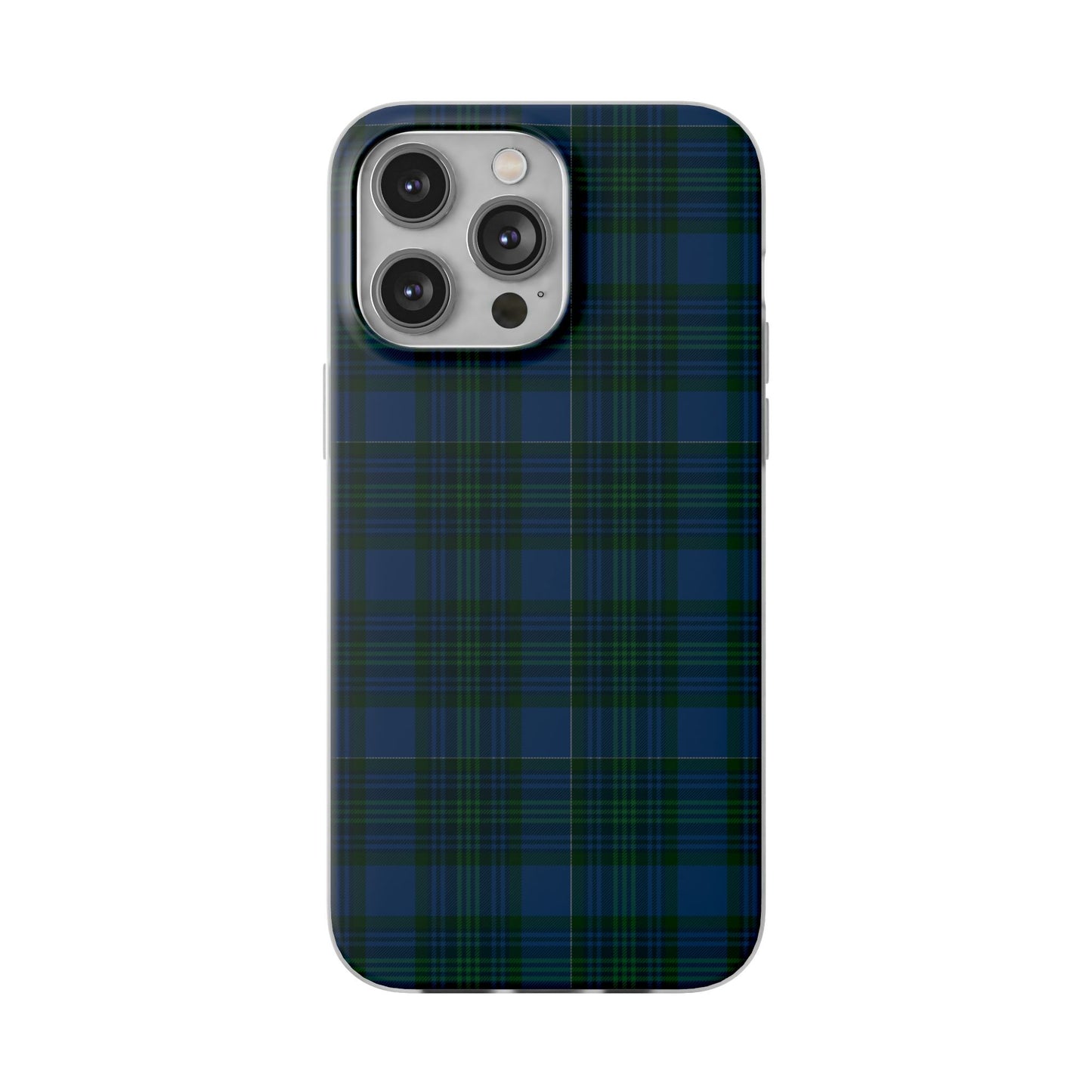 Navy green tartan phone case with flexible plaid design, slim shock-absorbing TPU, semi-transparent matte finish