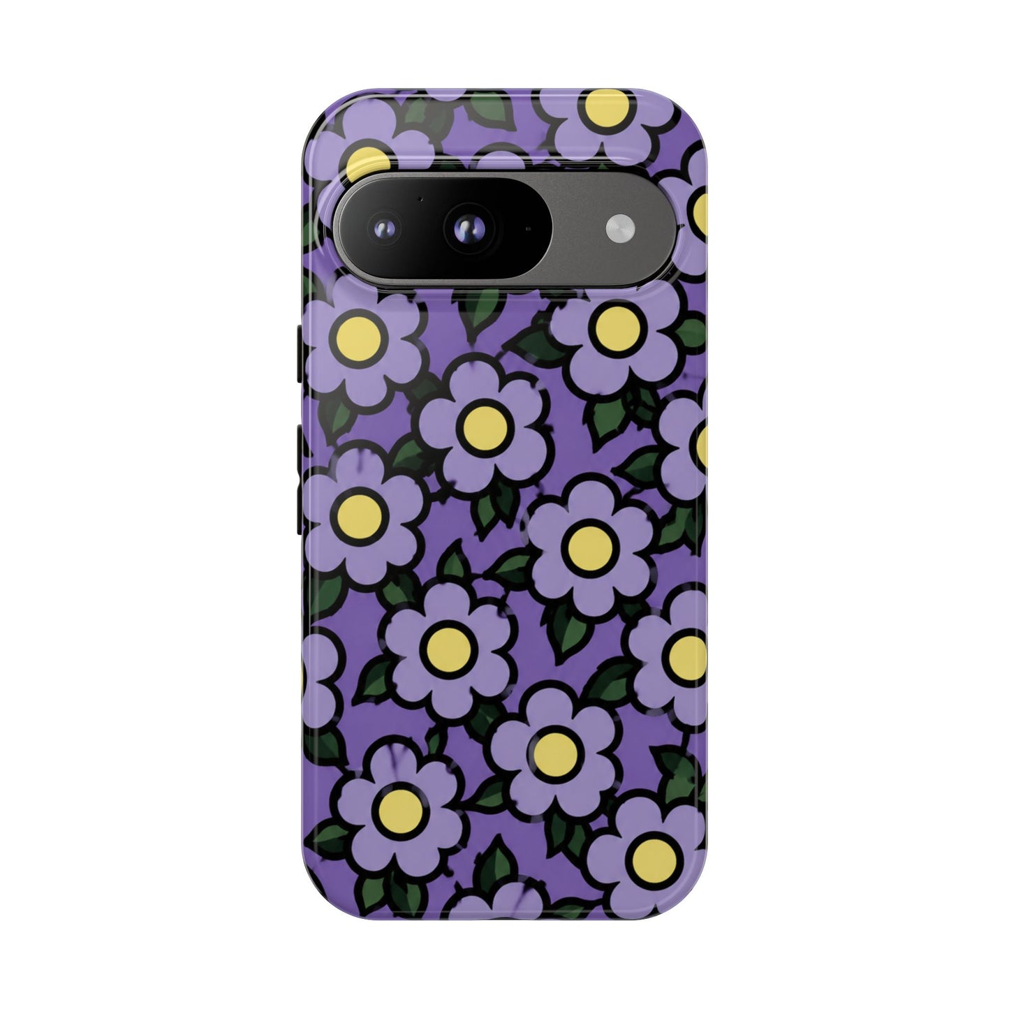 Purple Floral Tough Phone Case — Durable Protective Phone Cover with Cute Daisy Pattern