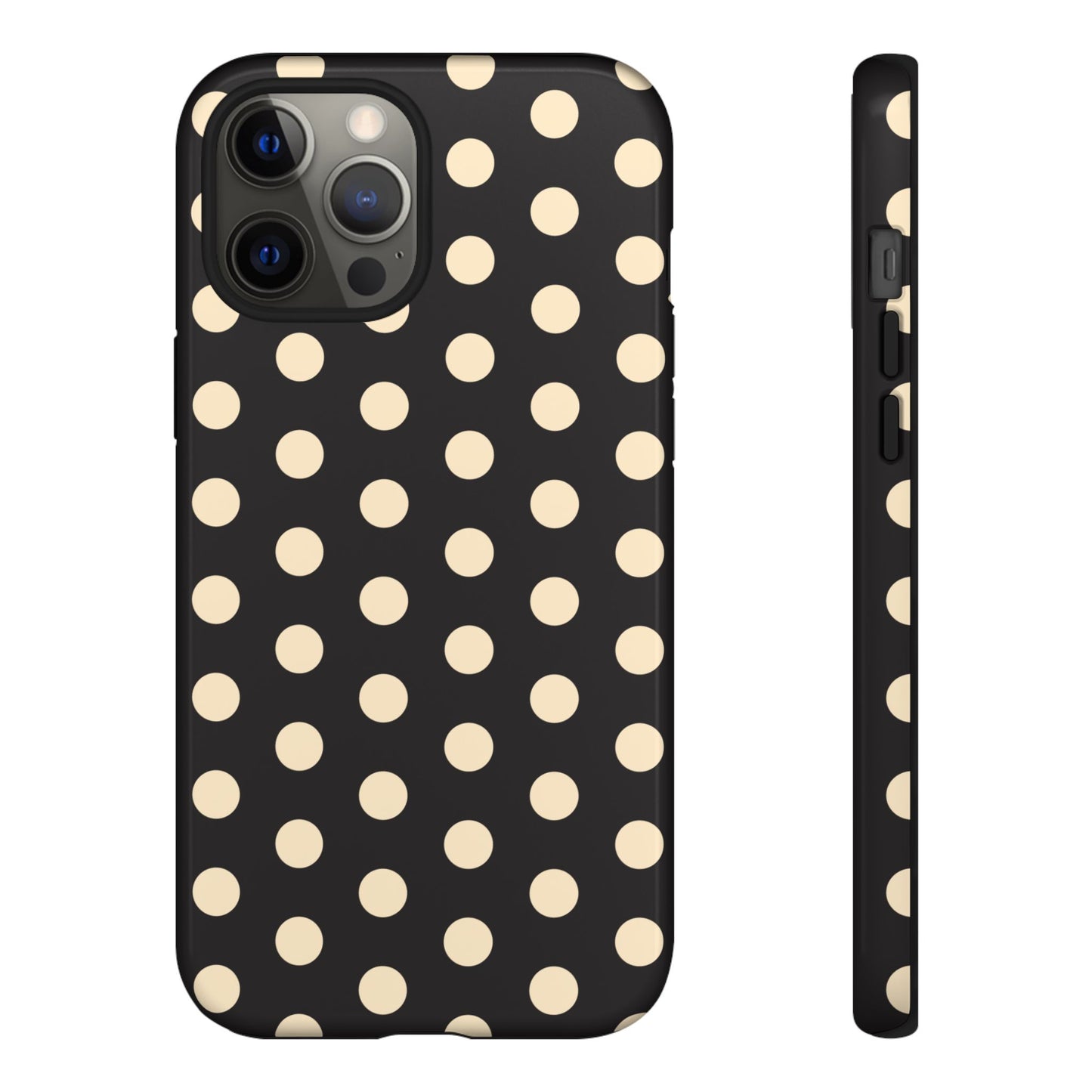 Polka Dot Tough Phone Case — Black with Cream Dots, Protective Slim Phone Cover
