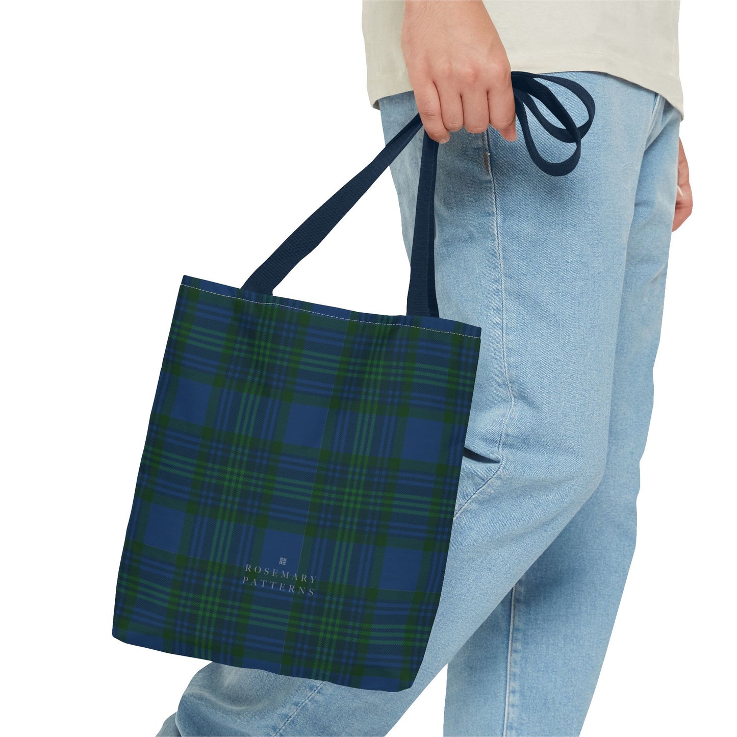 Tartan plaid tote bag in blue and green, eco friendly reusable market tote with Scottish pattern, cotton handles