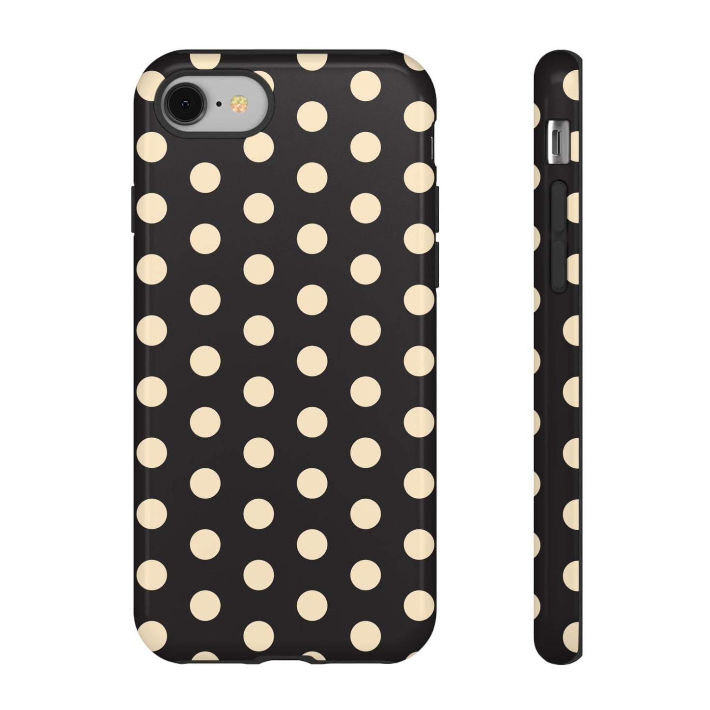 Polka Dot Tough Phone Case — Black with Cream Dots, Protective Slim Phone Cover
