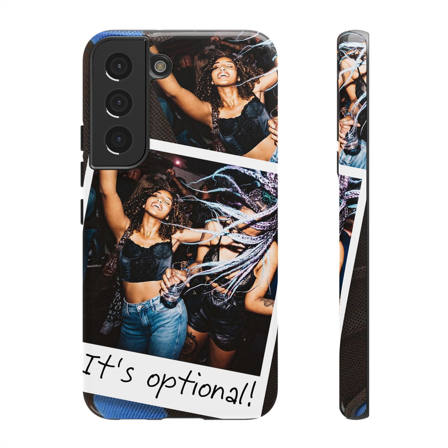 Two Image Personalised Polaroid Photo on Blue Polka Dot Protective Tough Case for Apple iPhone, Samsung Galaxy and Google Pixel.