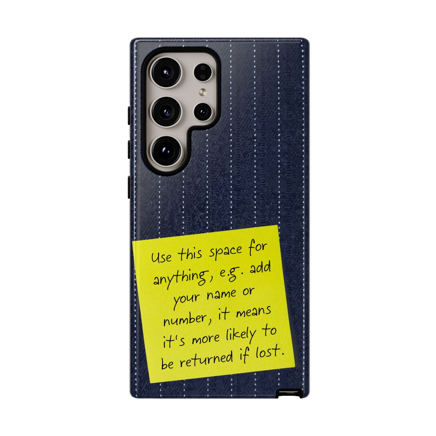 Navy Pinstripe Design with Yellow Sticky Note Personalised Tough Phone Case for Apple iPhone, Samsung Galaxy and Google Pixel.