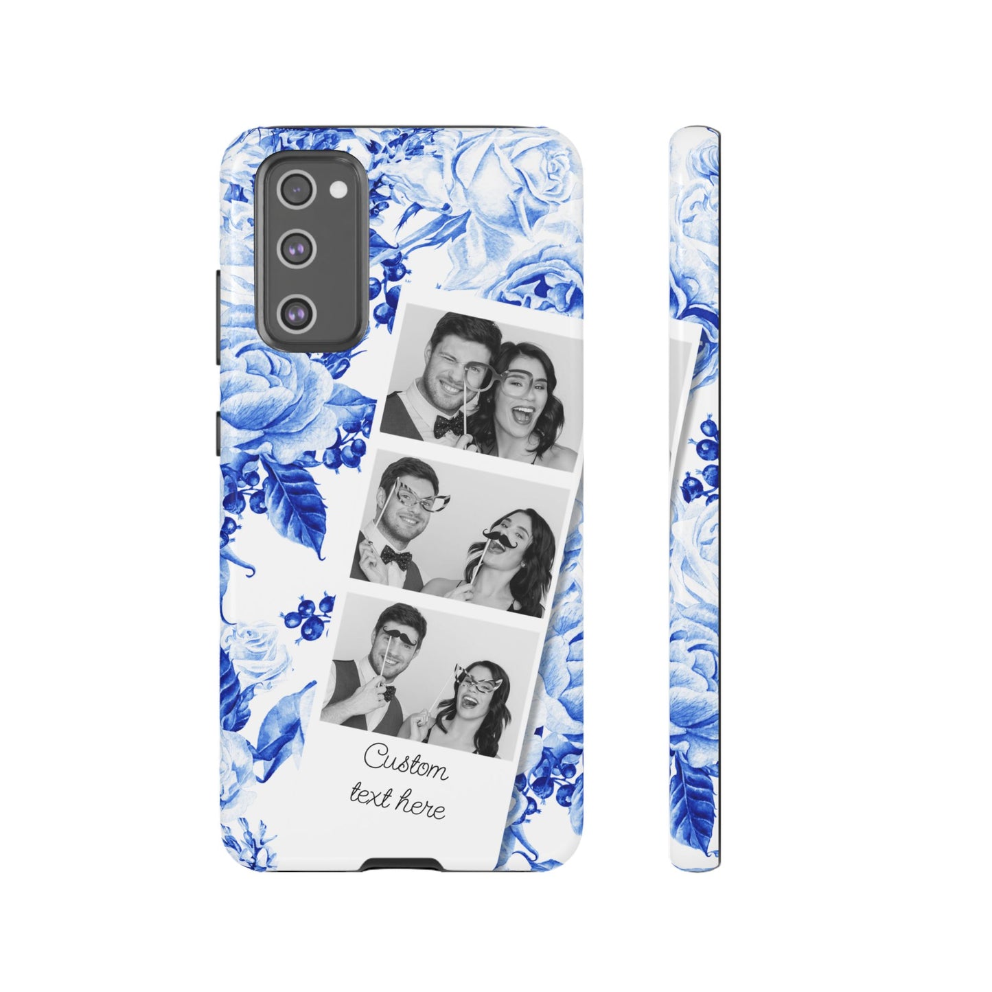 Three Photo Personalised Blue Floral Image Strip Custom Phone Case
