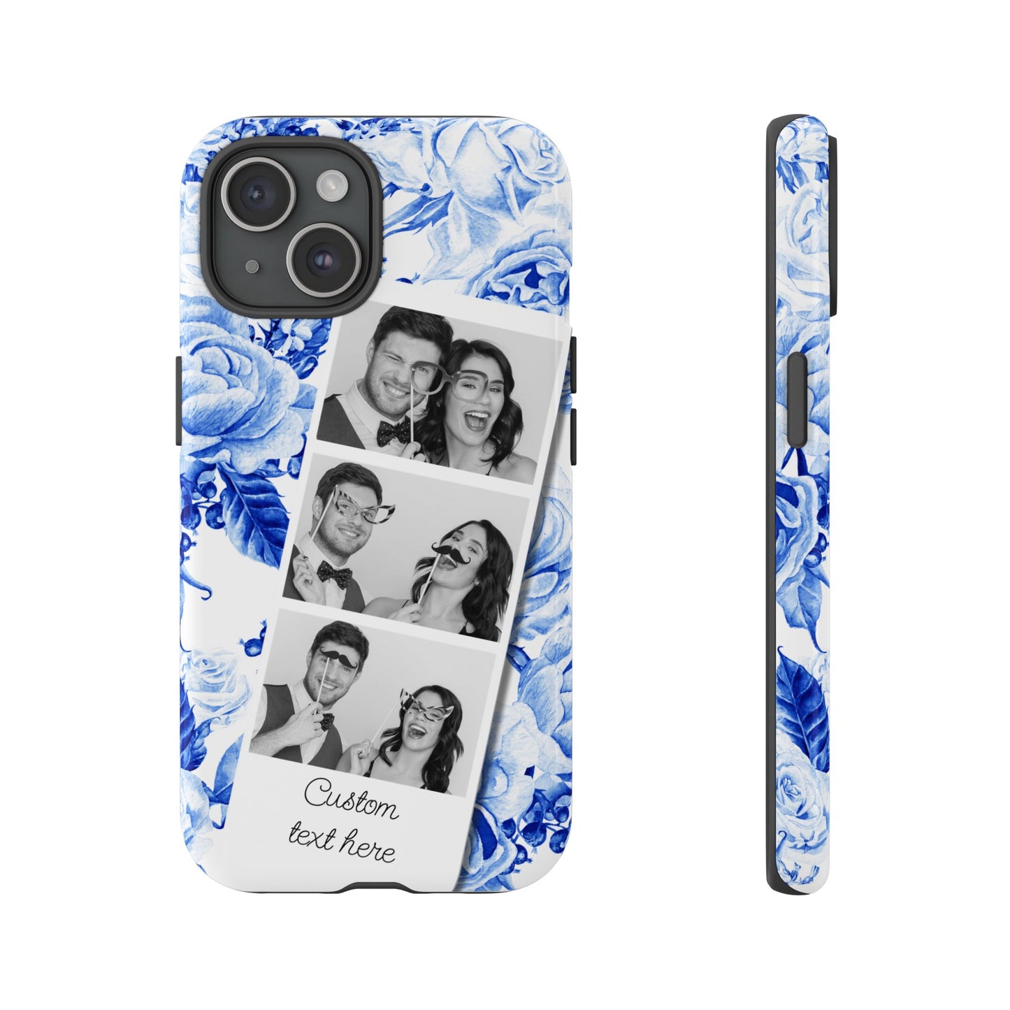 Three Photo Personalised Blue Floral Image Strip Custom Phone Case