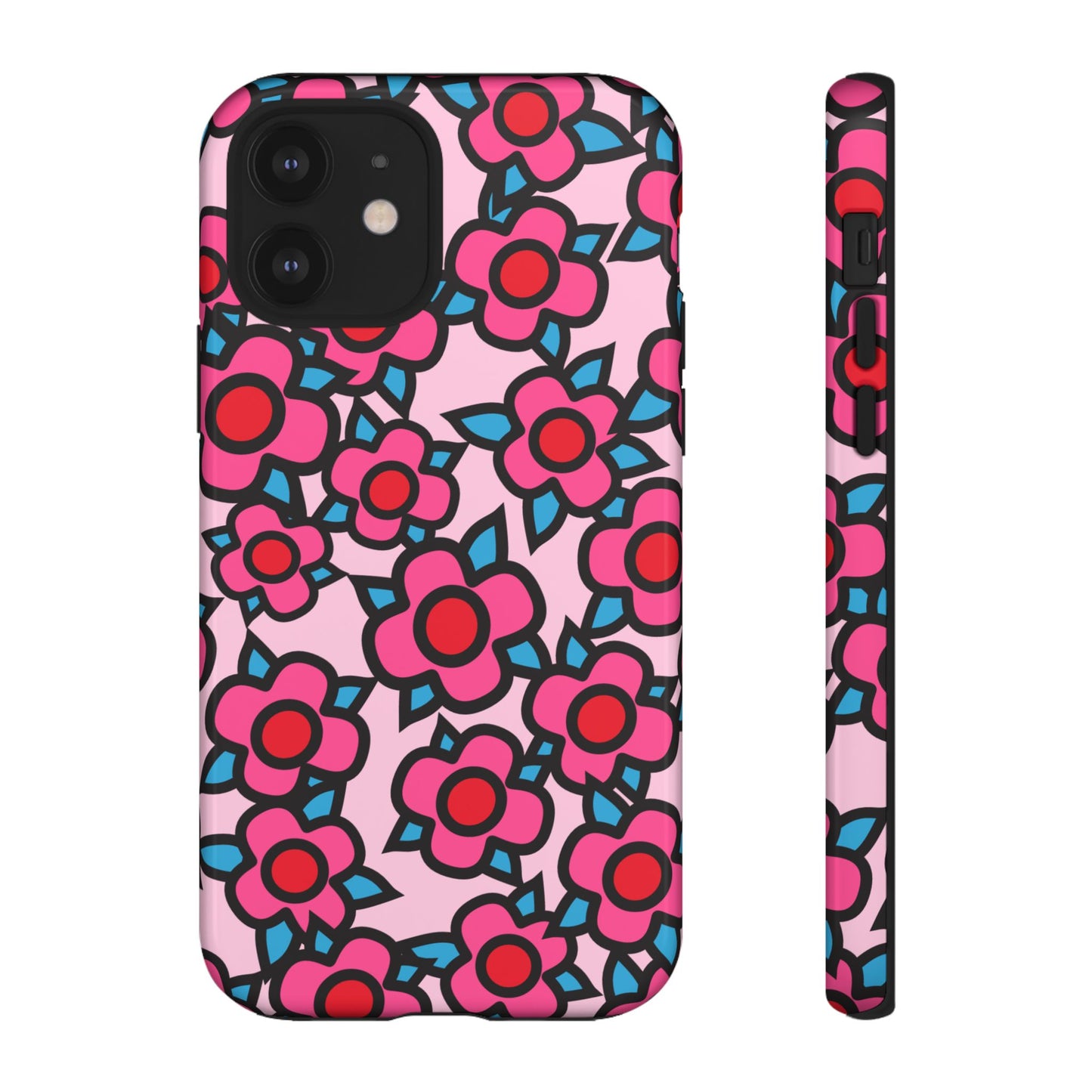 Floral Pink Tough Phone Case — Retro Red & Teal Flower Pattern